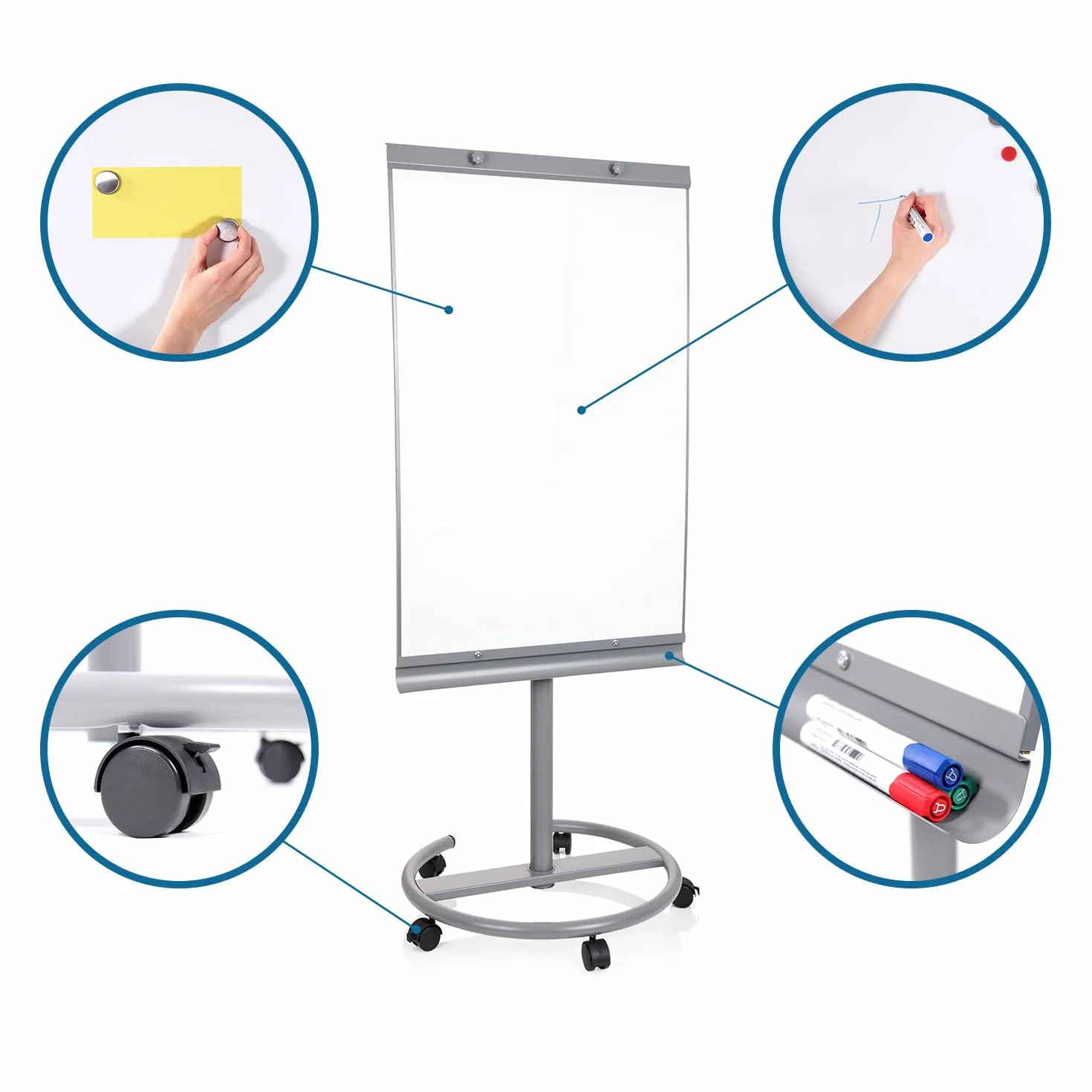 HJH Office 830023 - Lavagna mobile 2 in 1, con supporto, regolabile in altezza e inclinabile, 93,5 x 63 cm, colore: Argento