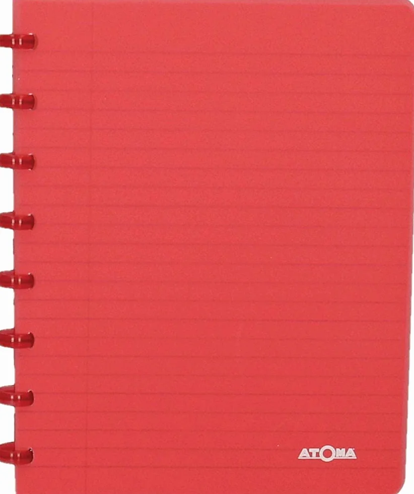 Atoma - Quaderno A5 con anelli - 8 mm a righe con margine, 72 fogli staccabili (144 pagine) - Copertina in polipropilene riciclabile - Rosso trasparente
