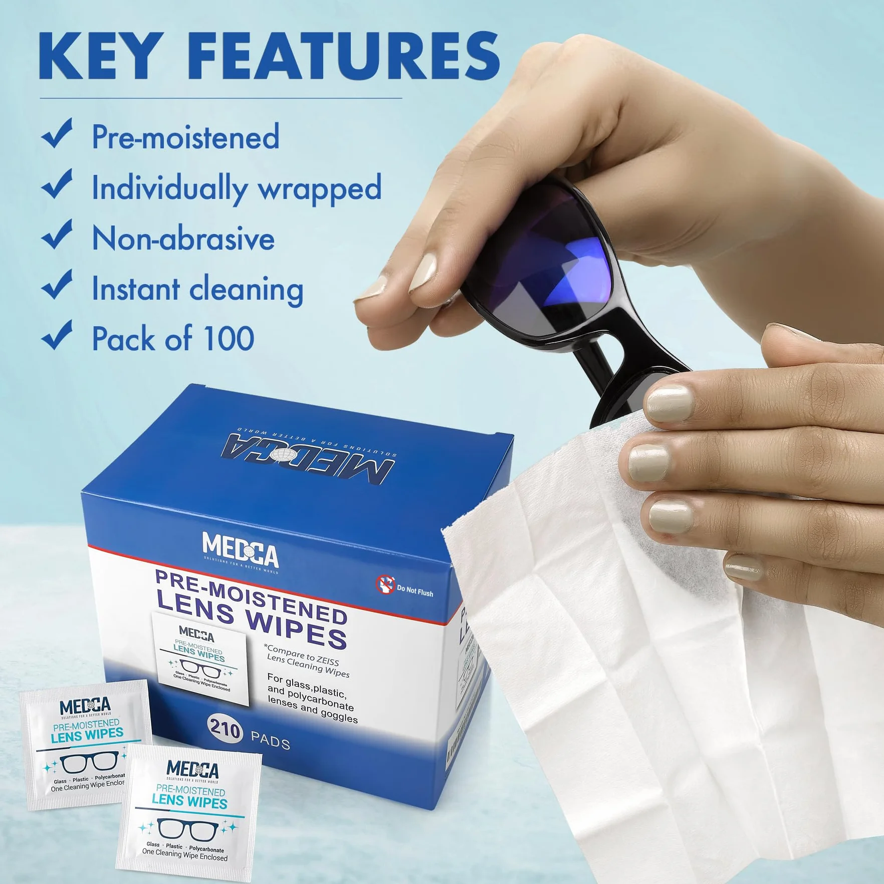 Salviette Pulizia Lenti Occhiali - [Confezione 210 Pezzi] Panni Detergenti Inumiditi Confezionati Singolarmente per Telefoni Schermi Tablet Fotocamere Elettronica, Obiettivi Fotografici Ottica