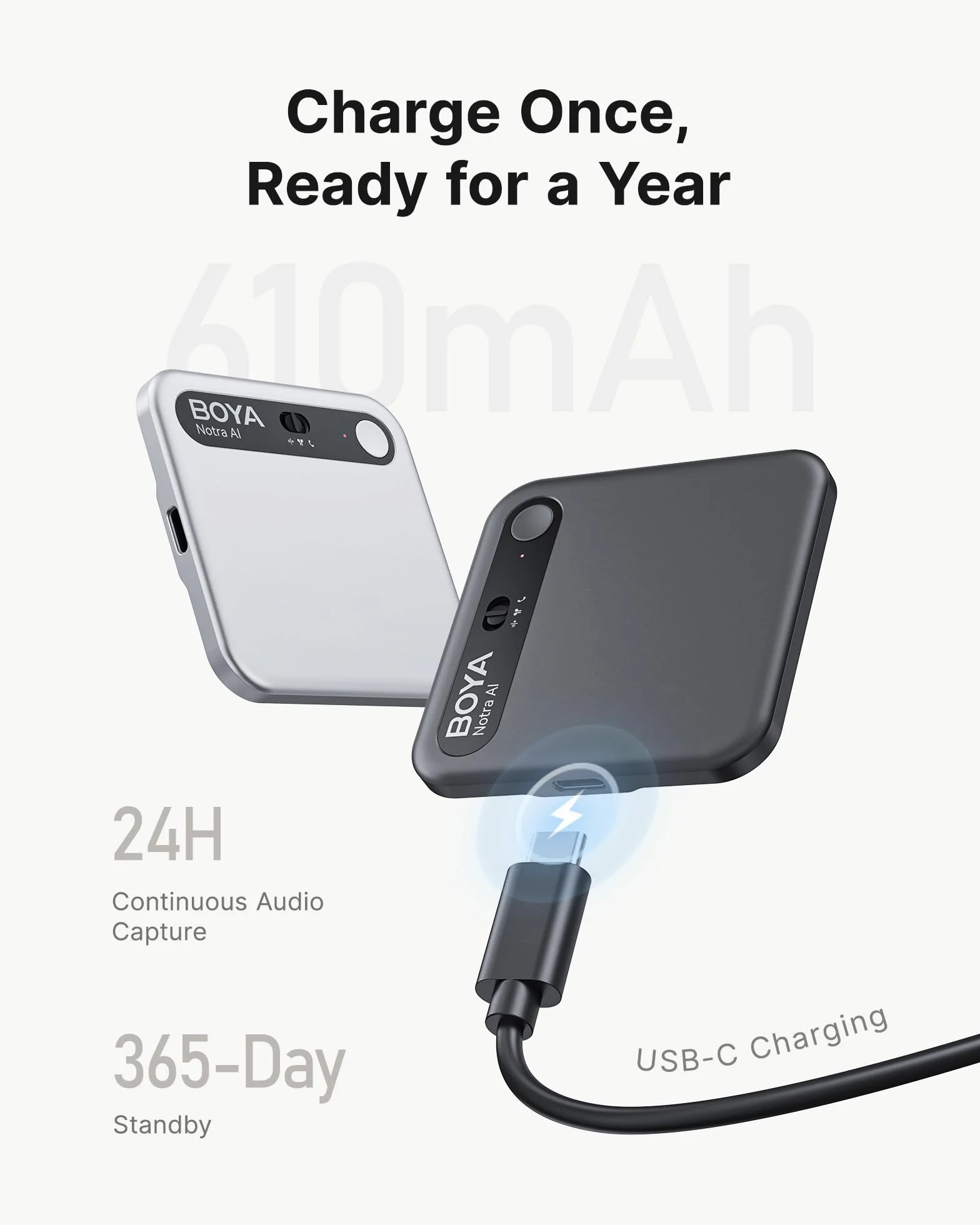 BOYA Notra Registratore Vocale AI con Trascrizione Automatica in 145 Lingue Sommari Intelligenti, Supporto per Registrazione Ambientale, Chiamate, Cuffie Bluetooth, Ideale per Appunti Riunioni, Nero
