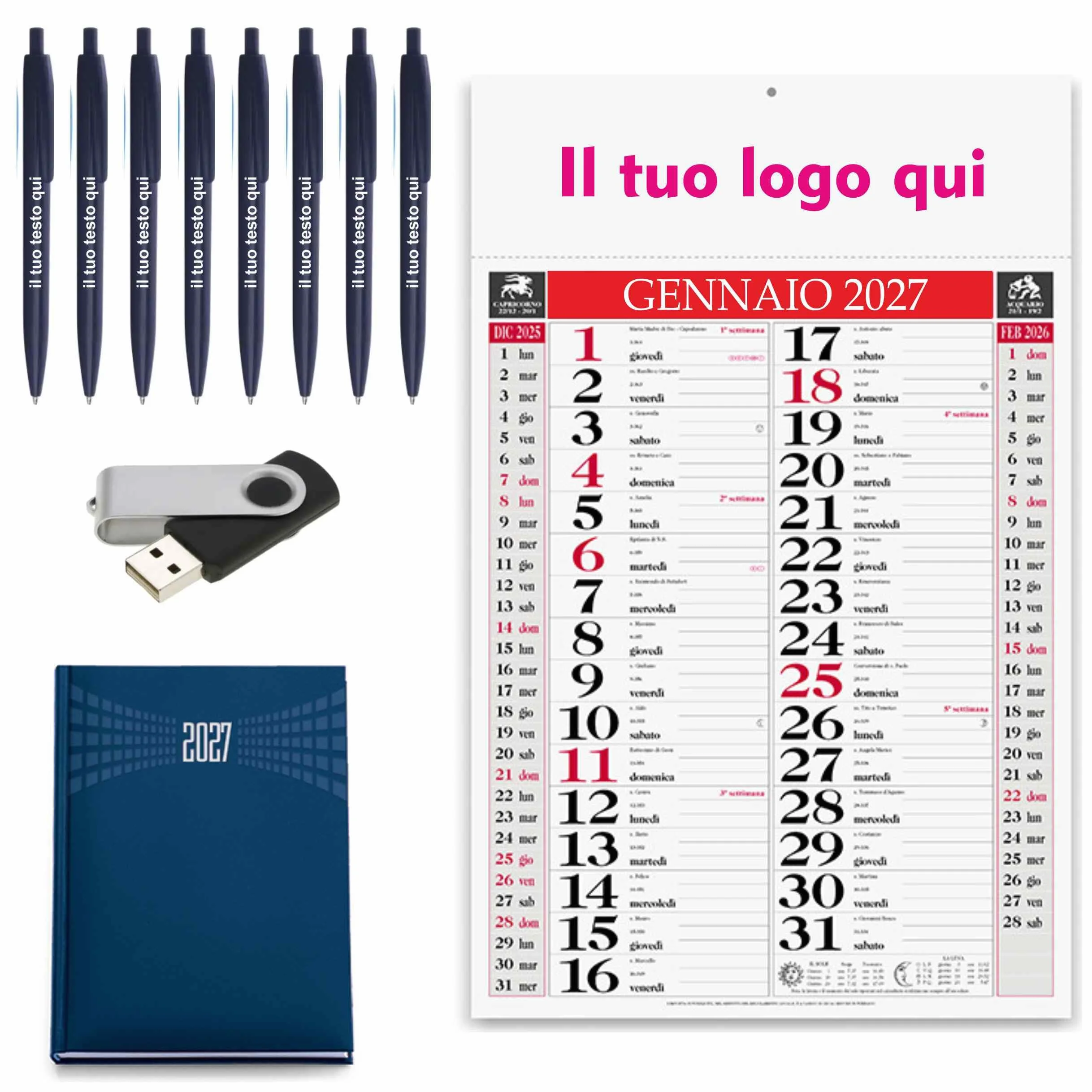 Kit Personalizzabile 100 Calendari 2027, 100 Penne a Sfera Blu, 1 Chiavetta USB 4GB e 1 Agenda Giornaliera Blu - Made in Italy - Idea Regalo Set Personalizzato (Assortito, 1 Kit)
