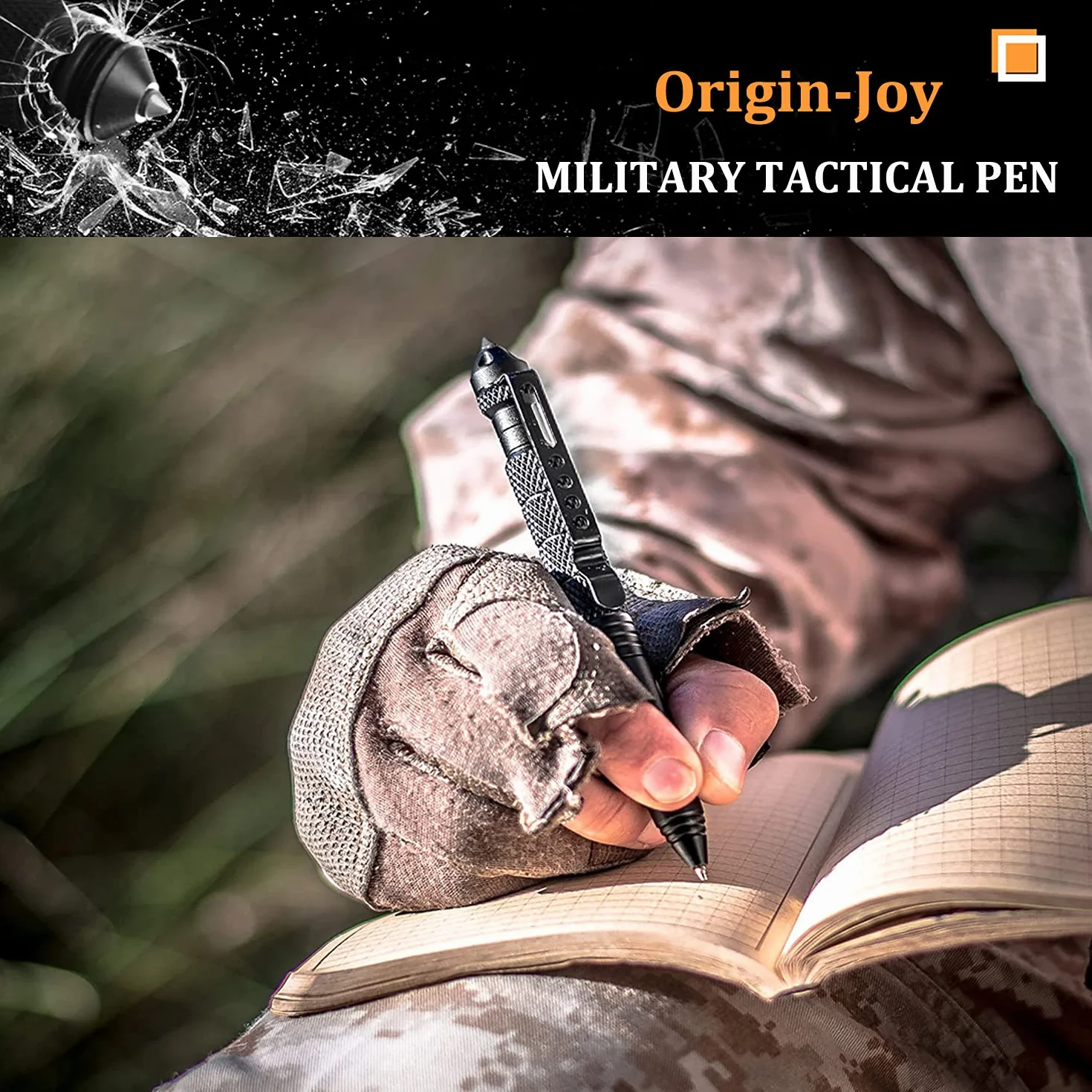 Origin-Joy Penna tattica militare in acciaio al tungsteno, in confezione regalo, strumento di emergenza per autodifesa, con 8 ricariche (nero)
