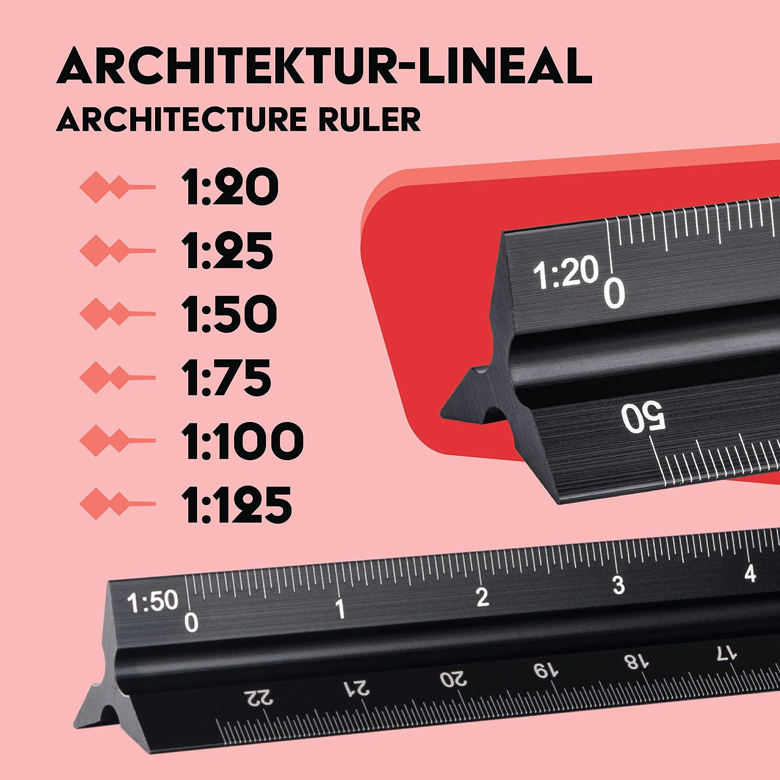 WINTEX Righello 30 cm in Metallo - Scalimetro in Alluminio - Riga da Disegno Tecnico 1:20 1:50 1:75 1:100 1:125 - Nero con Custodia