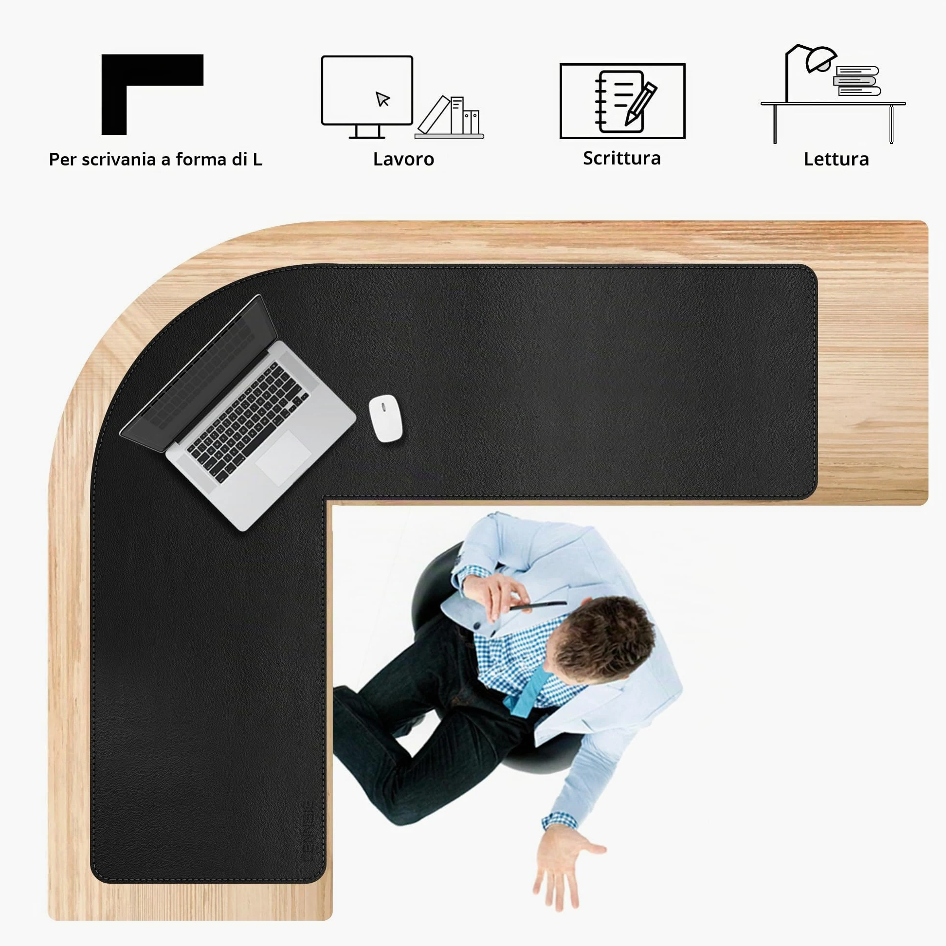 CENNBIE Tappetino Scrivania a forma di L a doppia faccia, 140 x 160 x 50cm Sottomano Scrivania angolare in pelle, Tappetino mouse in pelle a forma di L, Per Casa/Ufficio(nero)