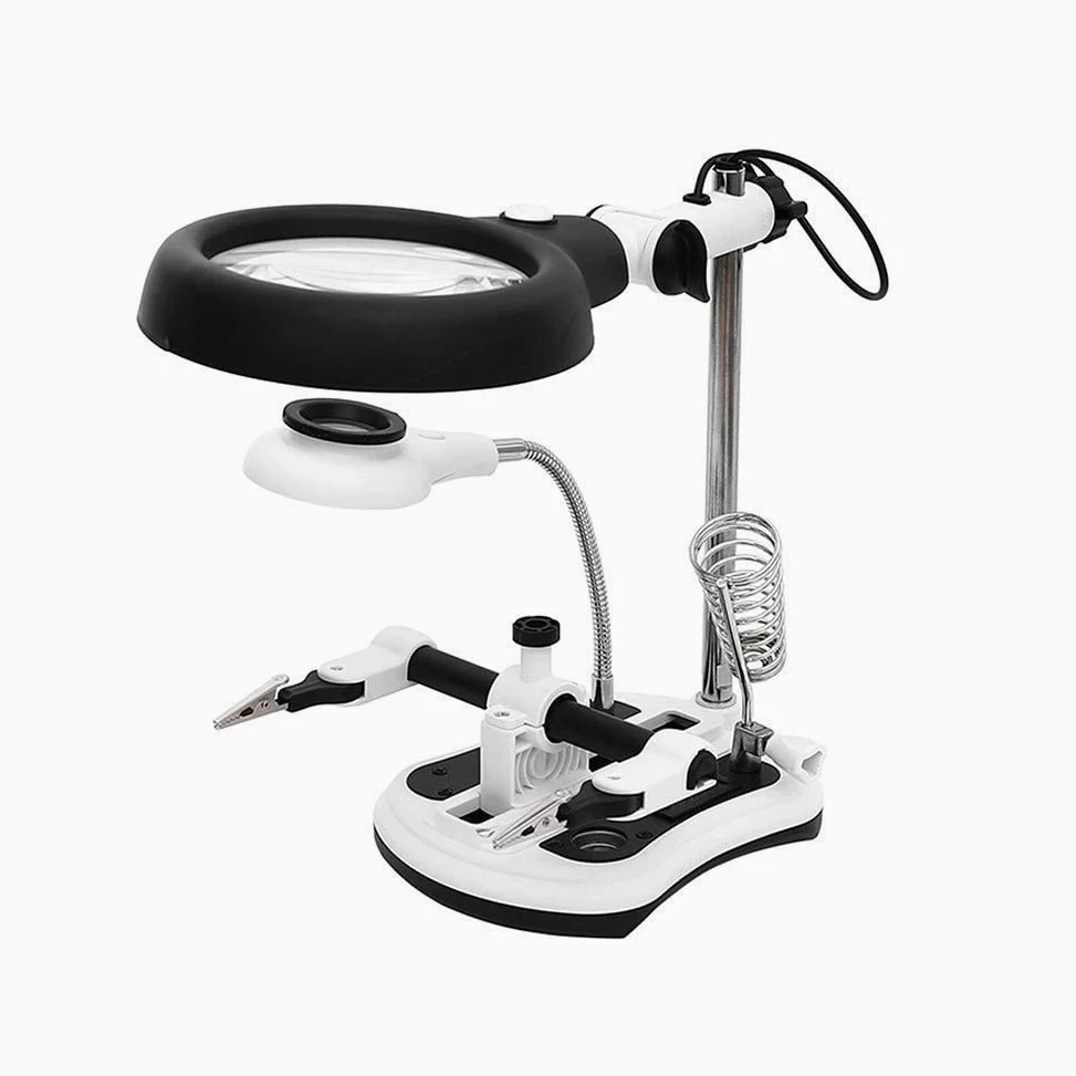 Lente d'Ingrandimento e Lampada da scrivania, Supporto con Lente d'Ingrandimento, Morsetto e Clip a Coccodrillo.,