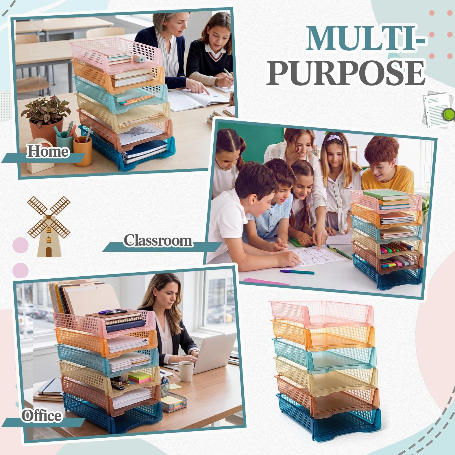 Geetery Set di 12 vassoi in plastica per insegnanti, impilabili, in plastica, per aule e insegnanti, organizer per lettere, per ufficio, scrivania, casa (colore trasparente bohémien)