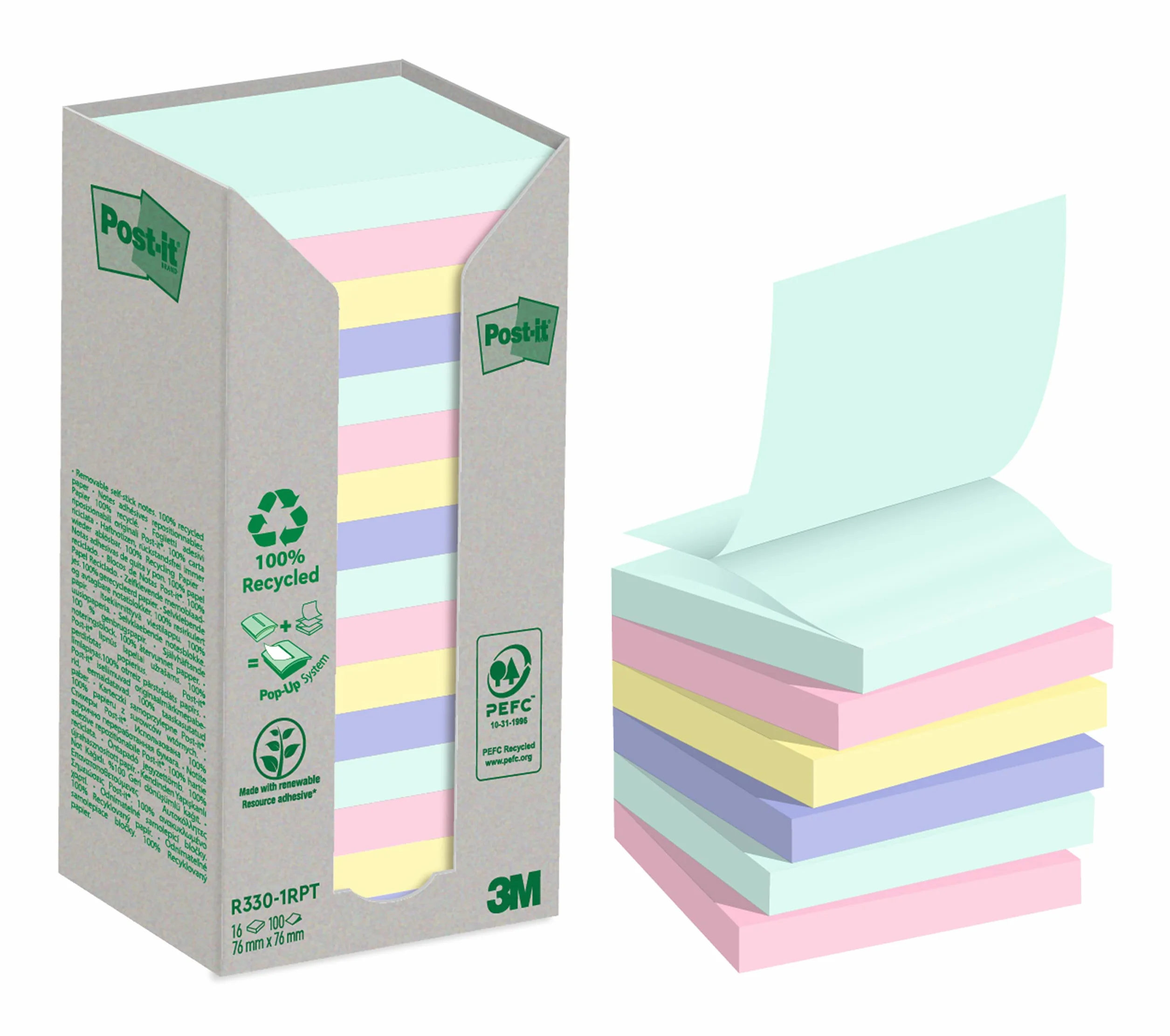 Post-it Foglietti in carta riciclata al 100% in colori assortiti, Confezione da 16 blocchetti, 100 Fogli per blocco,76 mm x 76 mm, Colori Verde, Rosa, Azzurro, Giallo