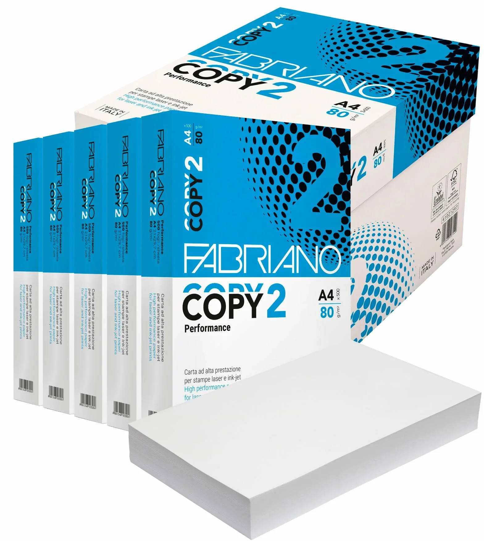 Fabriano Carta A4 per Stampante Copy 2, 80gr, 5 Risme 2500 Fogli, Multiuso Ufficio Fotocopie