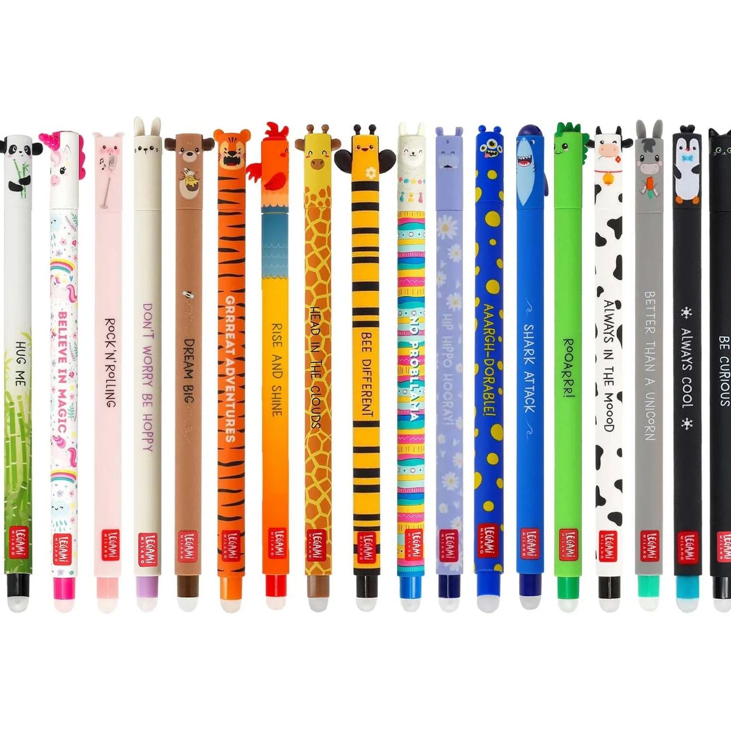 LEGAMI - Set di 18 penne gel cancellabili con inchiostro cancellabile termosensibile, gamma di colori dell'inchiostro e design del fusto, punta da 0,7 mm, disegni di animali, pollo, maiale, asino
