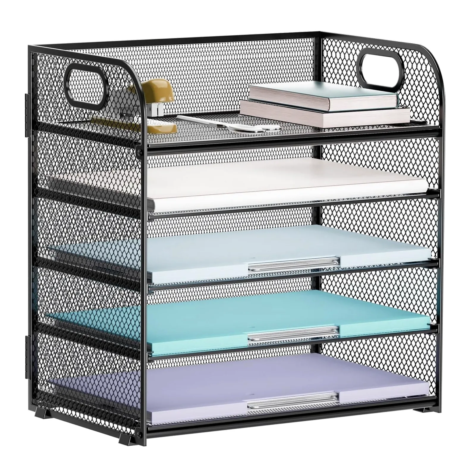 Organizer in rete per lettere, 5 ripiani, organizer da scrivania in rete con manico, organizer per documenti nero formato A4, organizer da scrivania per casa, ufficio, scuola
