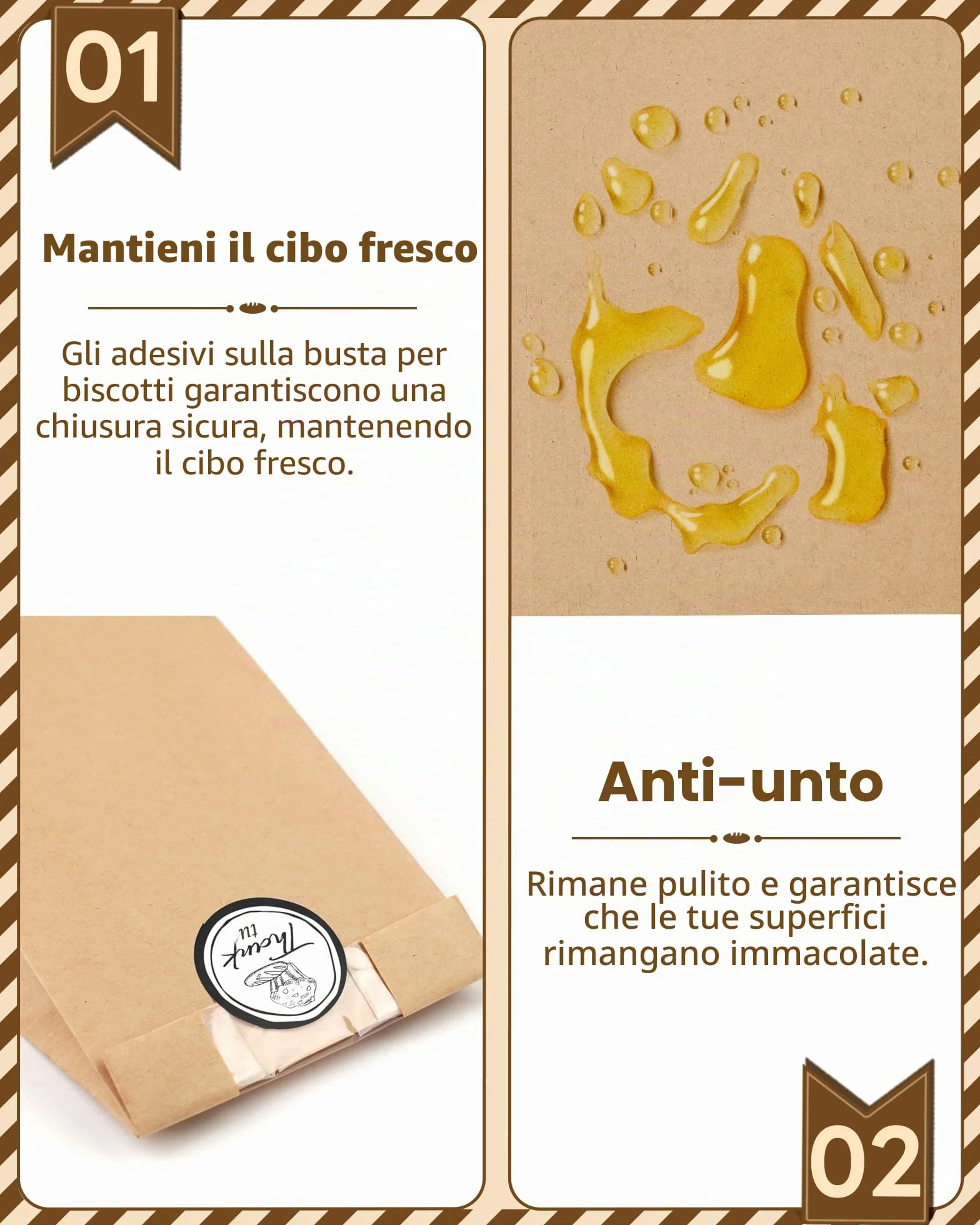Sacchetti di Carta per Alimenti 50 Pezzi con Sigillo e Finestra, Kraft per Pane Dolci Torte, 8,89 x 5,85 x 19,05 cm