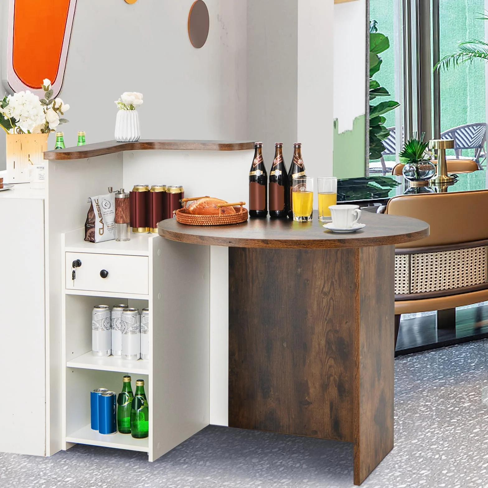 COSTWAY Banco Reception a Forma di L, Bancone per Cassa con Ripiano Regolabile e Cassetto Bloccabile, Piano Ovale, per Negozio, Salone e Ufficio, 120 x 55 x 100 cm (Marrone Rustico+Bianco)
