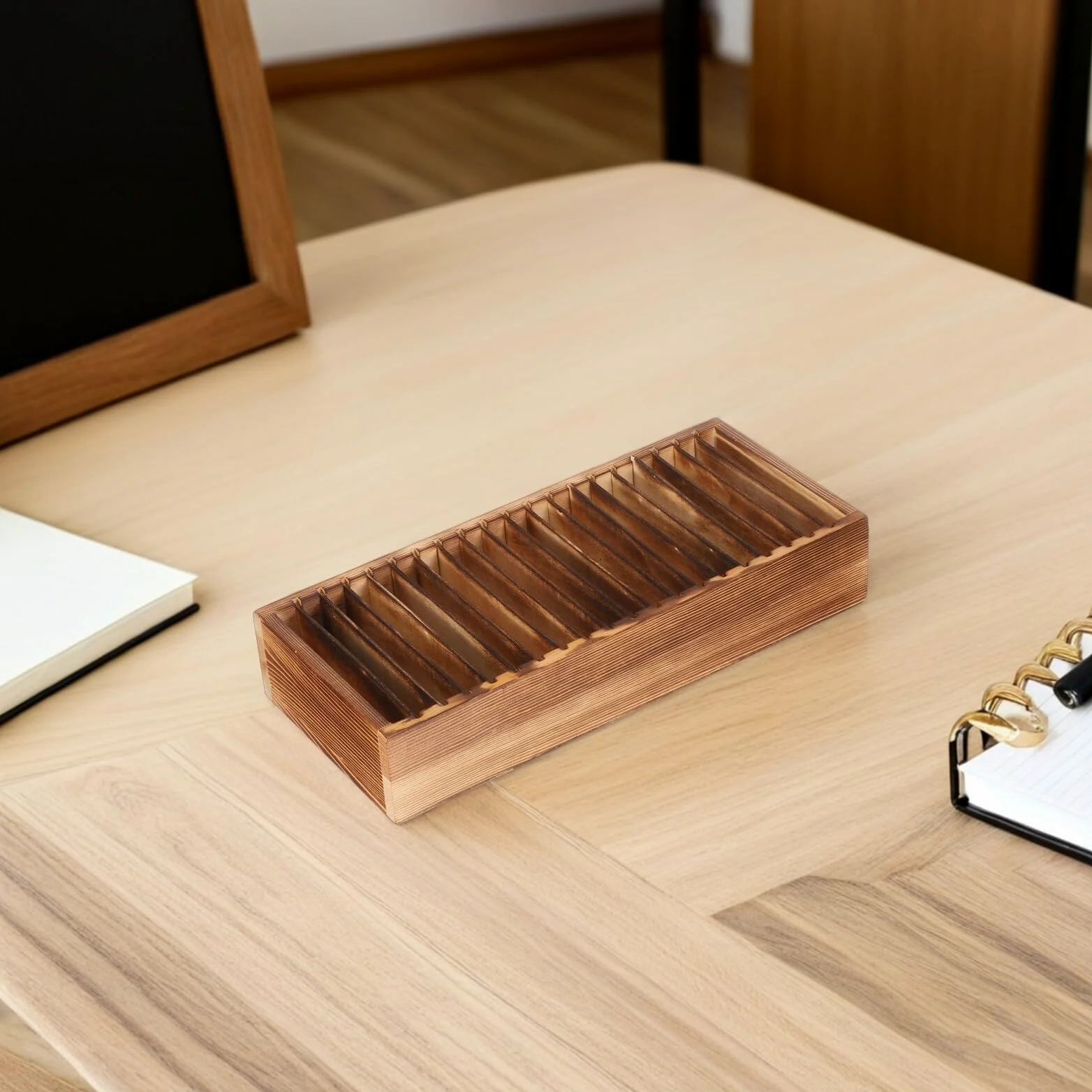 Porta Biglietti da Visita in Legno Naturale con 20 Divisori Staccabili Organizzatore di Carte Portatile Multifunzione per Ufficio e Scrivania Scatola Porta Carte Elegante e