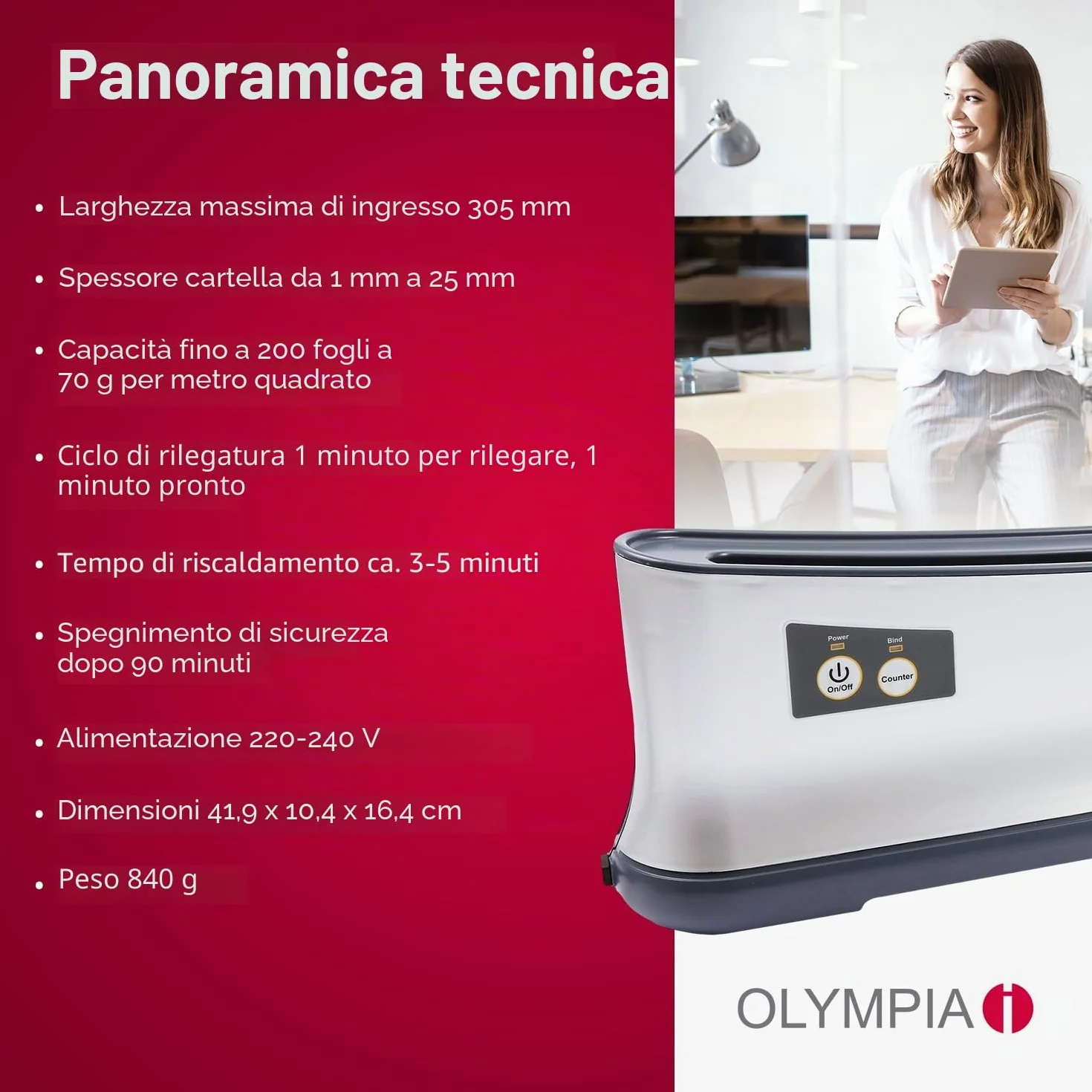 Olympia TB 1280 - Termorilegatrice, spegnimento automatico dopo 90 minuti di attesa