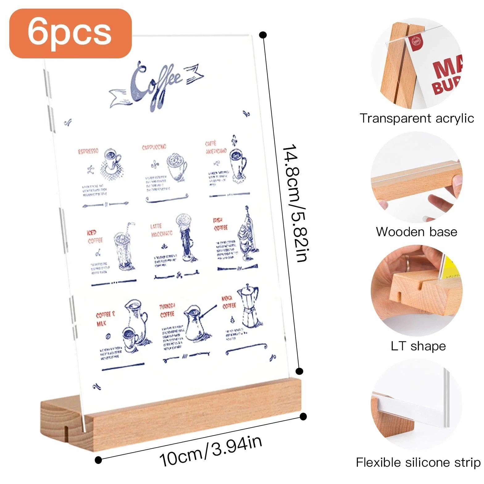 Espositore Plexiglass A6 Porta Menu da Tavolo Legno T Forma 6 Pezzi (10x15 cm) per Uffici, Ristoranti, Hotel