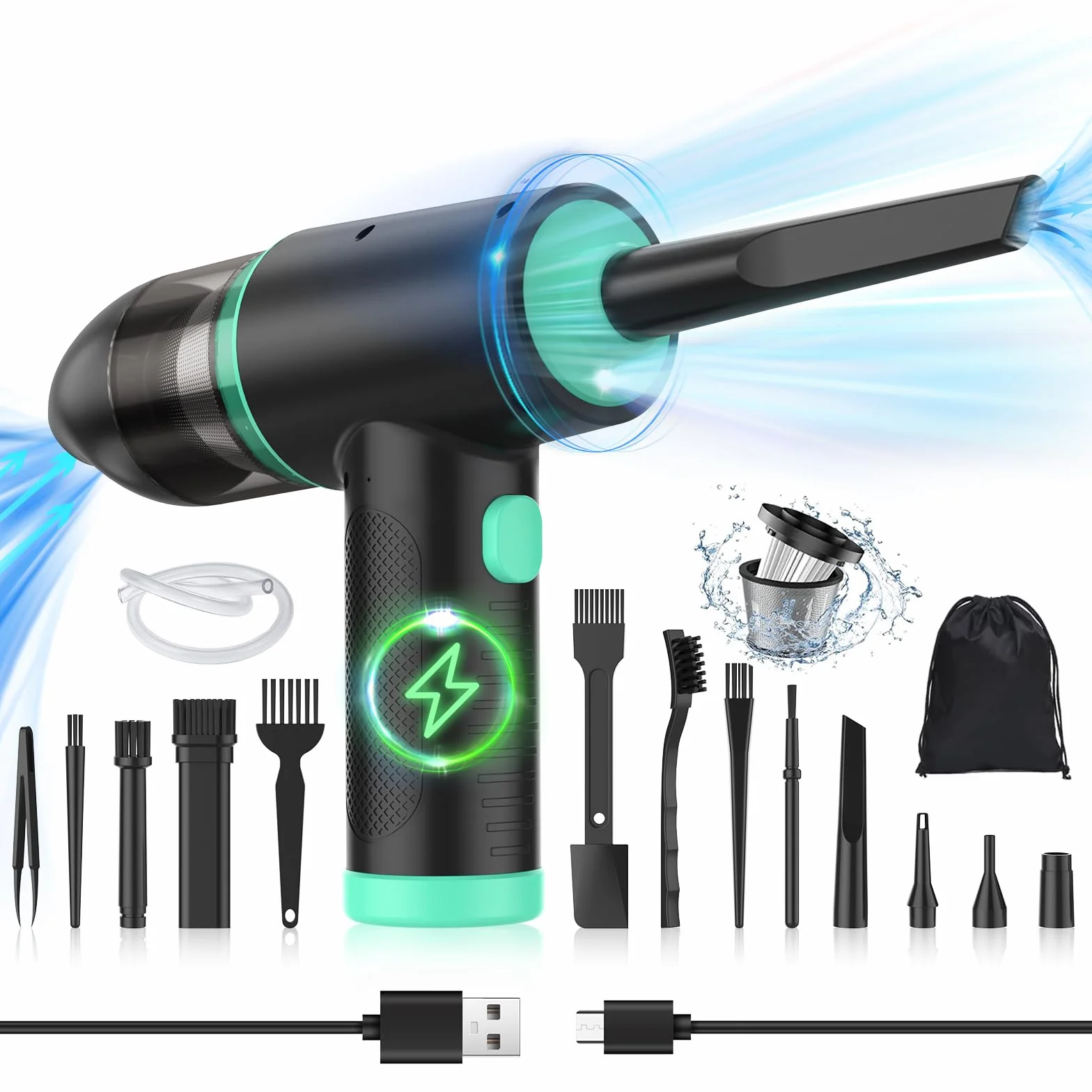 2 in 1 Aspirapolvere Per Computer e Elettrico Rimuovi Polvere,90000RPM Aria Compressa Senza Fili spray e 12Kpa Mini Aspirapolvere (3 Velocità, 7000mAh,Con Luce a LED) perTastiera,PC,Pulizia Casa,Auto