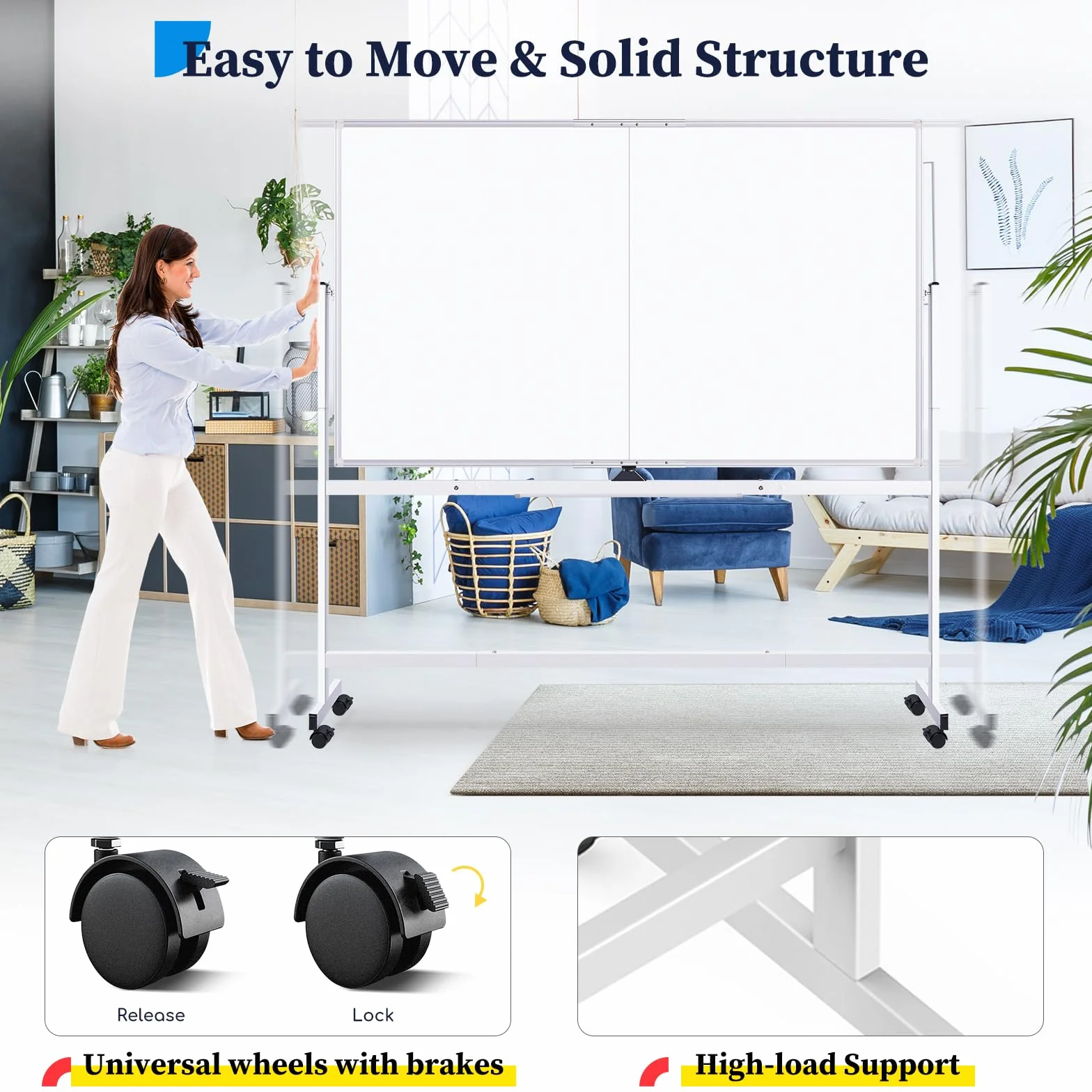 maxtek Lavagna Bianca Mobile con Supporto 180 x 100 cm, Grande Lavagna Cancellabile Magnetica Double Face, Cadre en Aluminium, Capovolgimenti 360° su Ruote, per Casa, Ufficio, Scuola