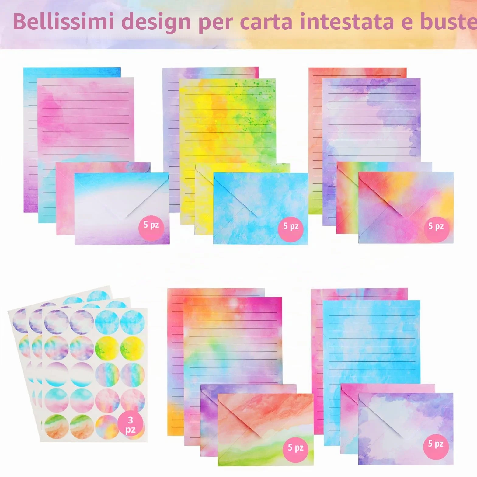 Carta da Lettere con Busta Set 160 Pz, Buste Colorate per Lettere Acquerellabili, Include 60 Adesivi