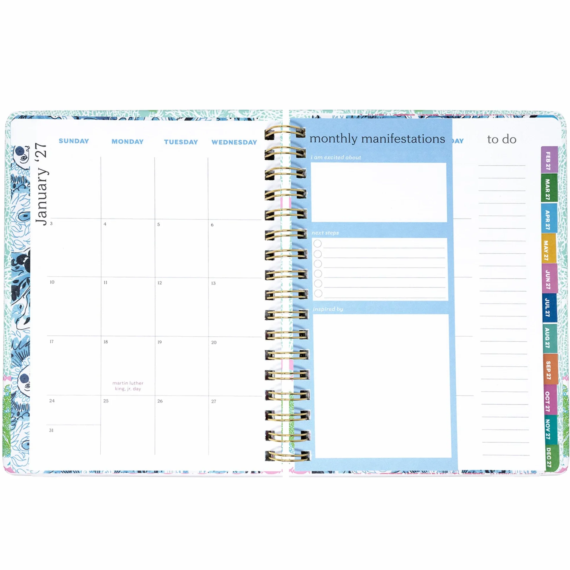 Lilly Pulitzer Grande agenda 17 mesi 17,1 x 22,5 cm, datata agosto 2026-dicembre 2027, rilegatura a spirale dorata e chiusura elastica, layout settimanali e mensili, adesivi, pagine di viaggio e