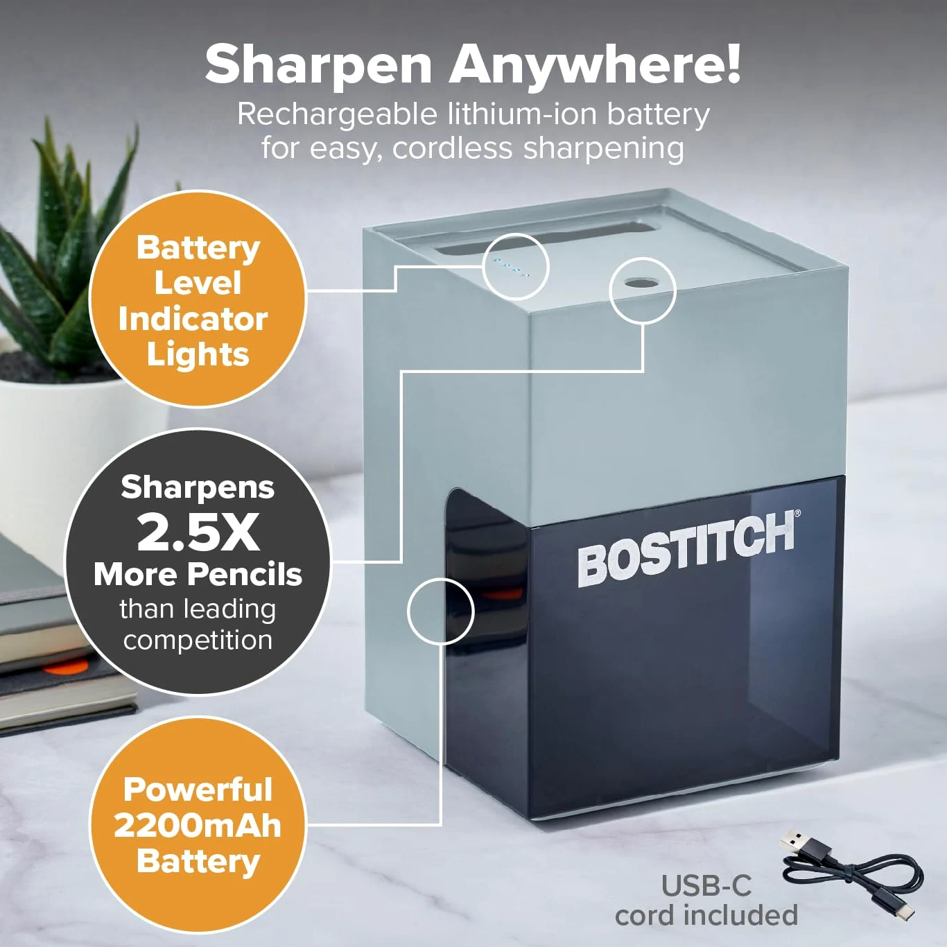 Bostitch Konnect - Temperamatite a batteria ricaricabile per organizer da scrivania KT2 n. 2/matite colorate, grigio