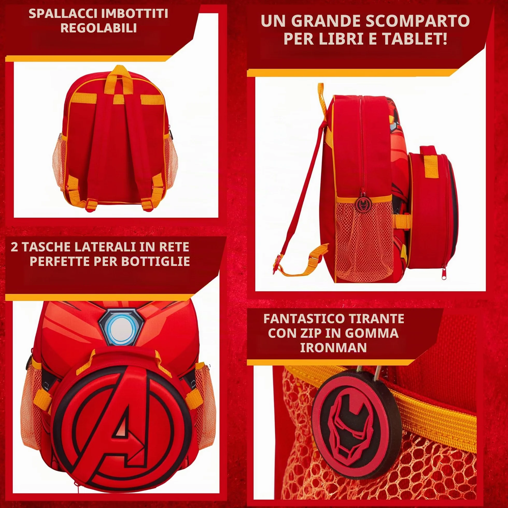 Marvel Zaino per bambini Iron Man Avengers Borsa per il pranzo staccabile Portabottiglie per acqua Set da 2 pezzi