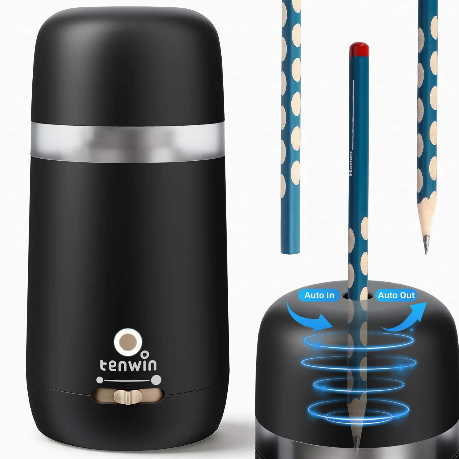 tenwin Temperamatite elettrico completamente automatico, ricaricabile e portatile, veloce da 7 – 12 mm matite e matite colorate, ideale per casa, ufficio e scuola (nero)