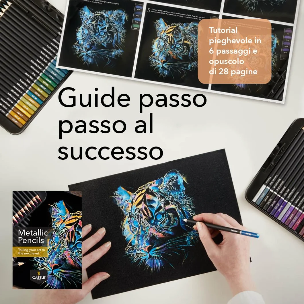 Castle Art Supplies Set di Matite Metalliche | 48 Tonalità Scintillanti dall’Anima in Cera per Artisti Adulti, Professionisti e Coloristi | Protetto e Disposto in un Cofanetto di Metallo
