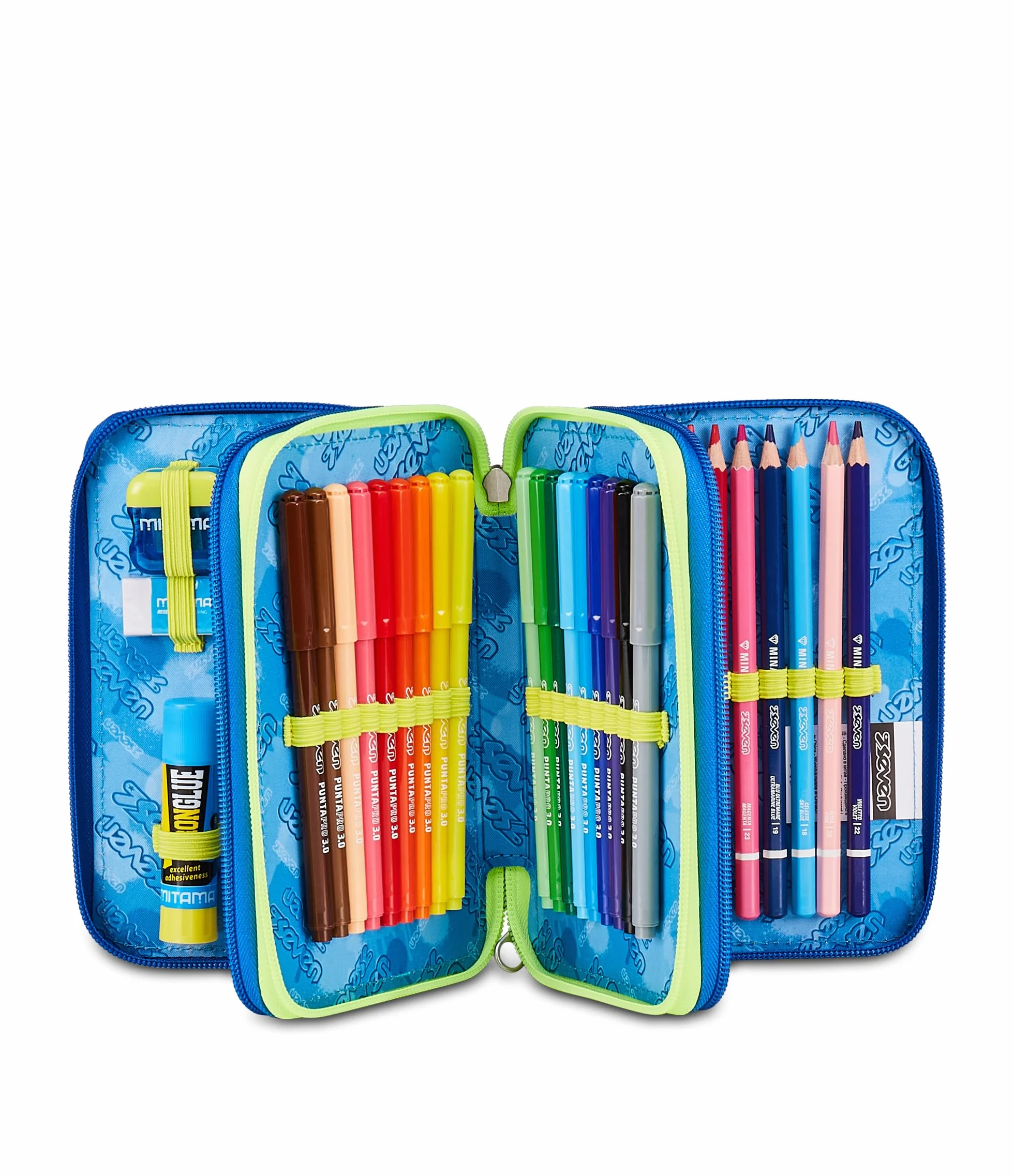 Seven Astuccio Scuola 3 zip ELECTRICVIBE BOY, Blu, Portapenne attrezzato, Triplo scomparto, 45 pezzi, Completo di penne, matite e colori, Accessori Zaino, Scuola elementare, Asilo, Per bambini
