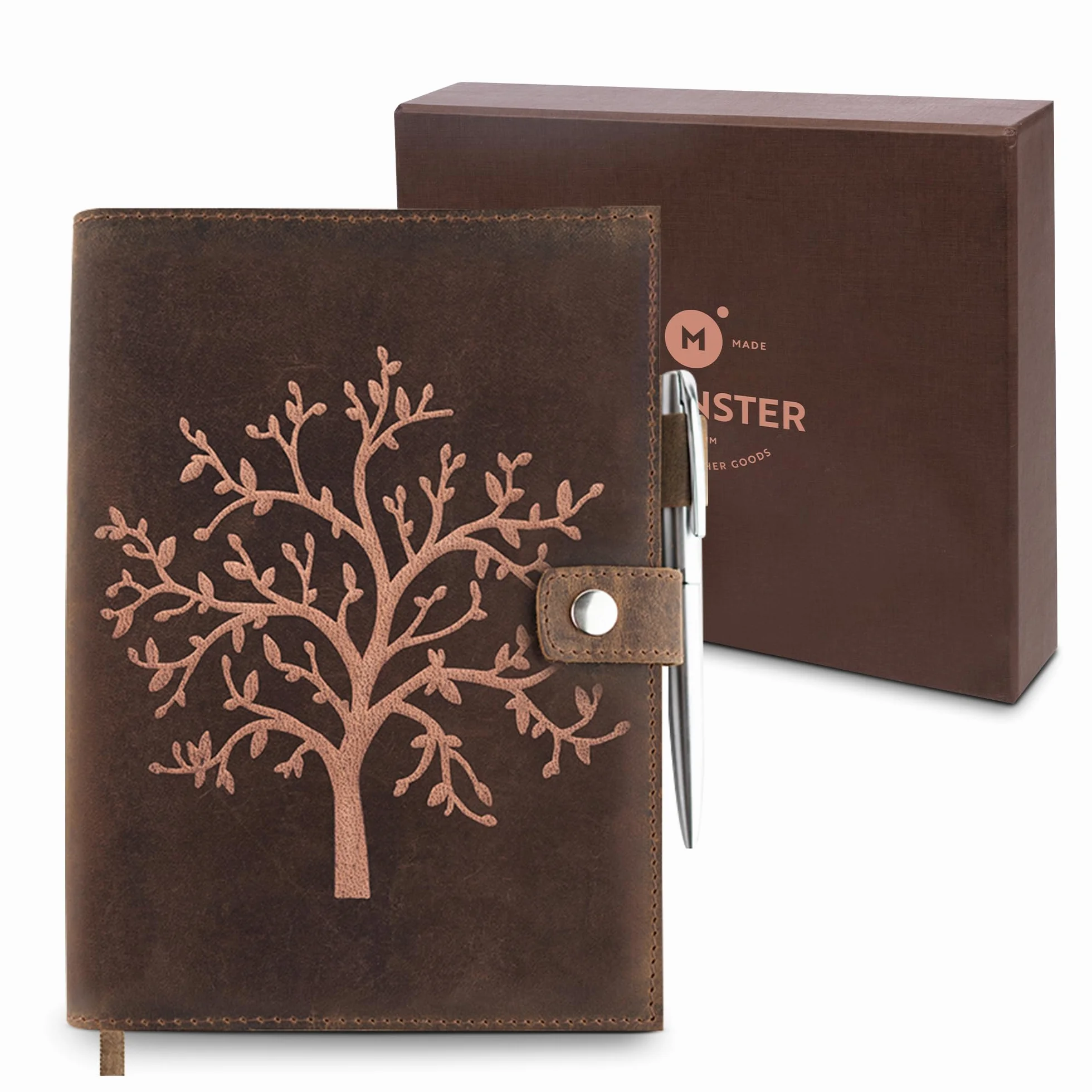 moonster Quaderno Ricaricabile in Pelle - Design Albero della Vita - Taccuino Pelle Artigianale Quadernino Appunti con Porta Penna – Porta Agenda con Quaderno A5 a Righe e Penna d’Argento