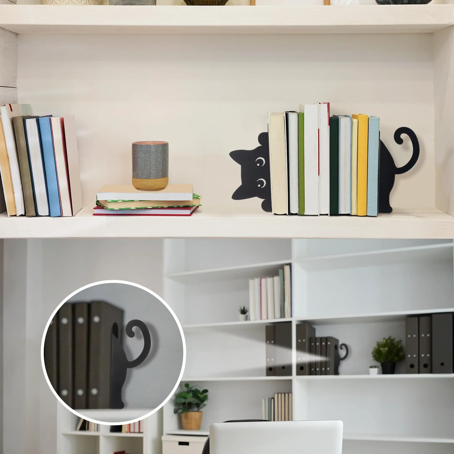 Fermalibri in Metallo Hidden Cat Nero, Fermalibri Decorativi Antiscivolo a Forma di Gatto per Libreria