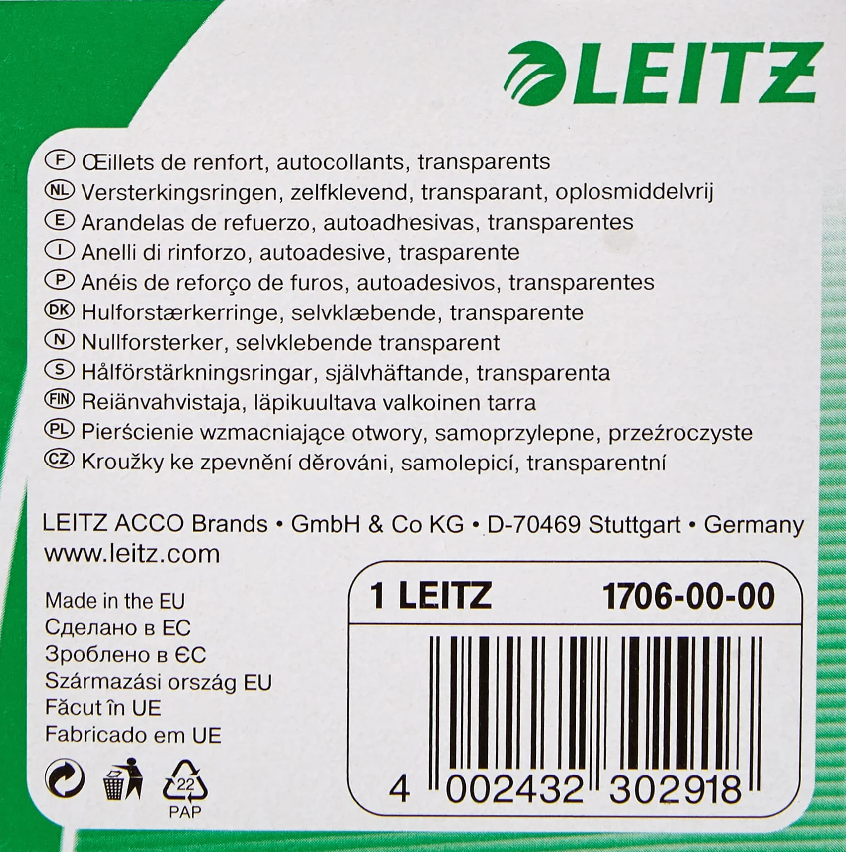 Leitz Anelli di Rinforzo Salvabuchi, Bianco Traslucido, Autoadesivi, 500 sztuk