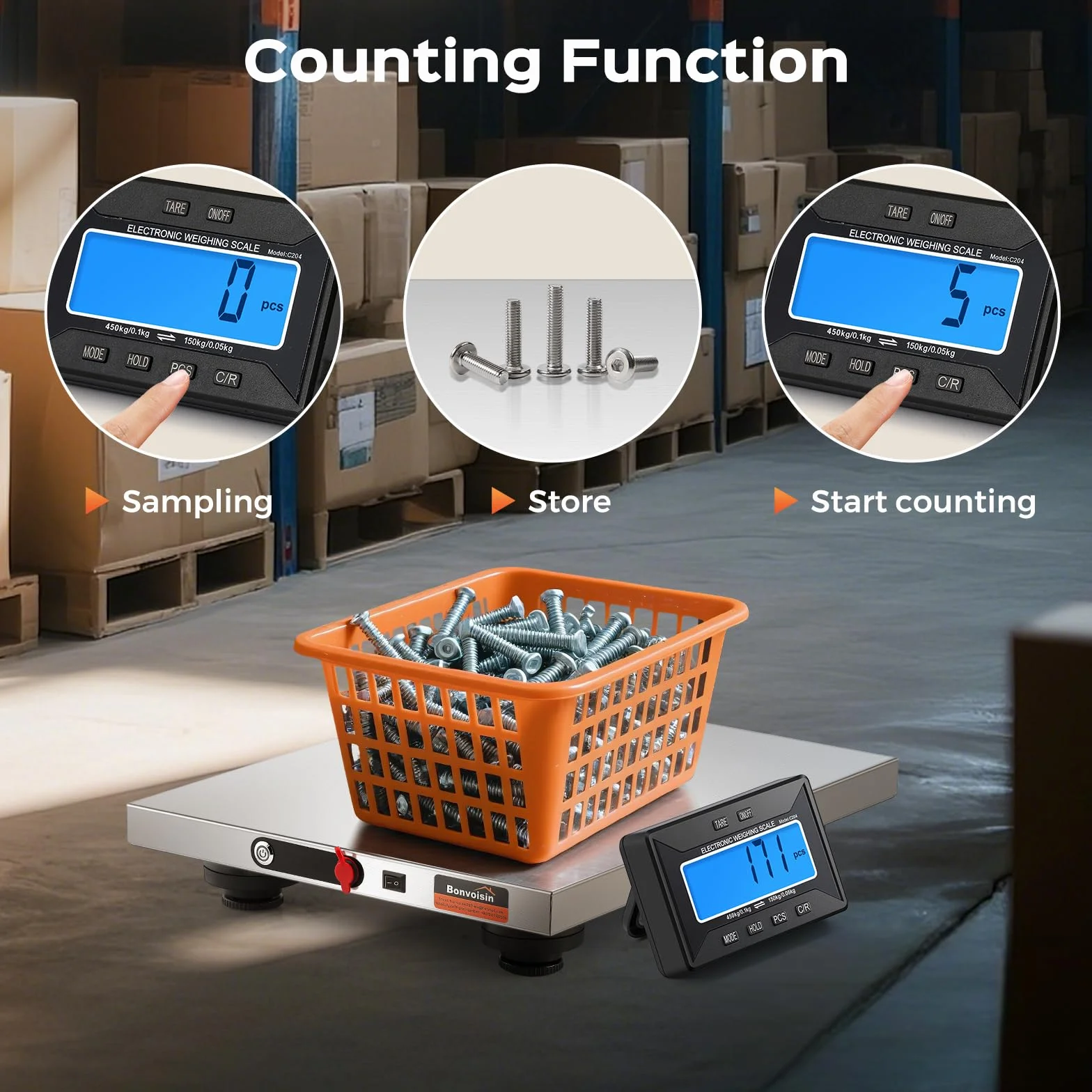 Bonvoisin Bilancia Postale Senza Fili 450kg/660lb con Display LCD Separato, Piattaforma Acciaio Inox, Doppia Alimentazione a Batterie & Rete, kg/lb/oz/lb:oz, Funzioni TARA/HOLD/COUNT (450kg GB)