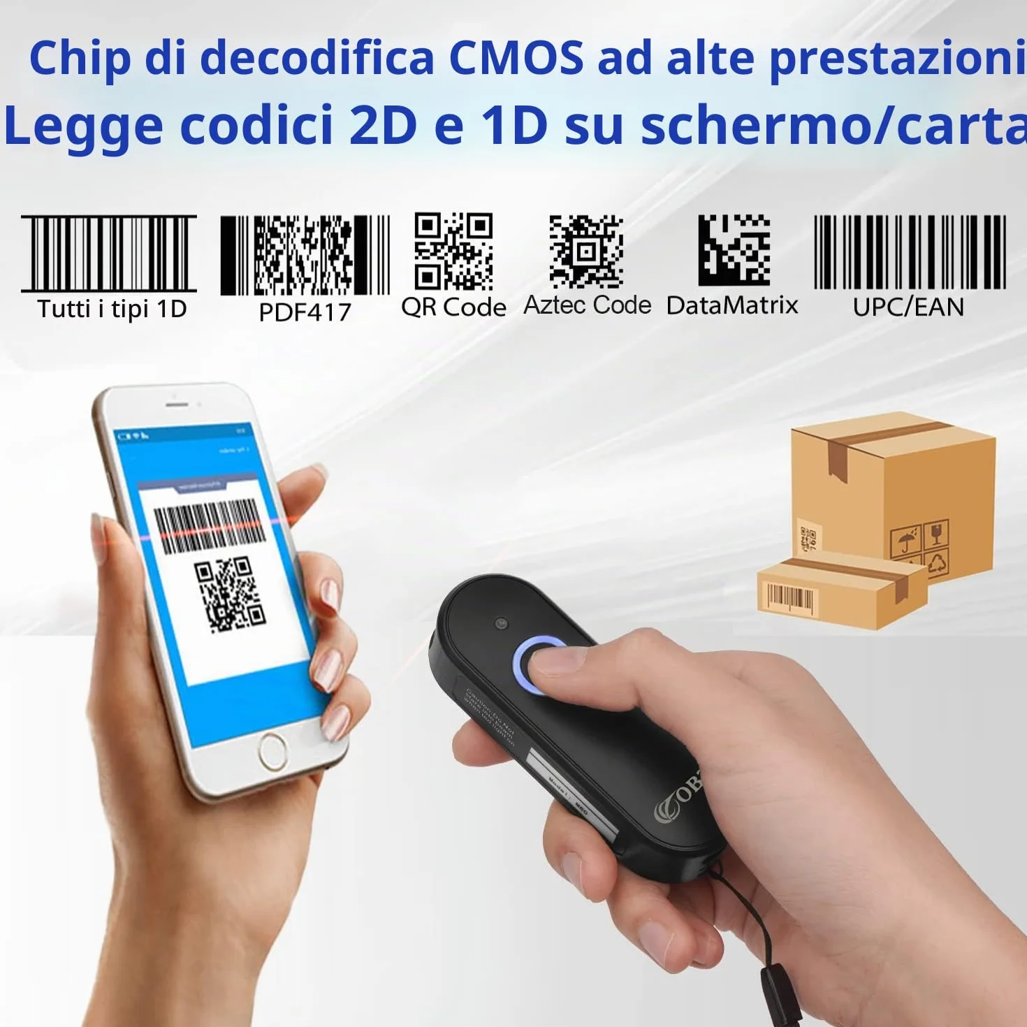 OBZ Mini Lettore Codice a Barre Wireless 2D 1D Lettore Barcode Bluetooth Portatile Lettore QR Code 2.4G USB Scanner di Codici a Barre Sanza Fili Barcode Scanner per iOS, Android, Tablet, PC, POS