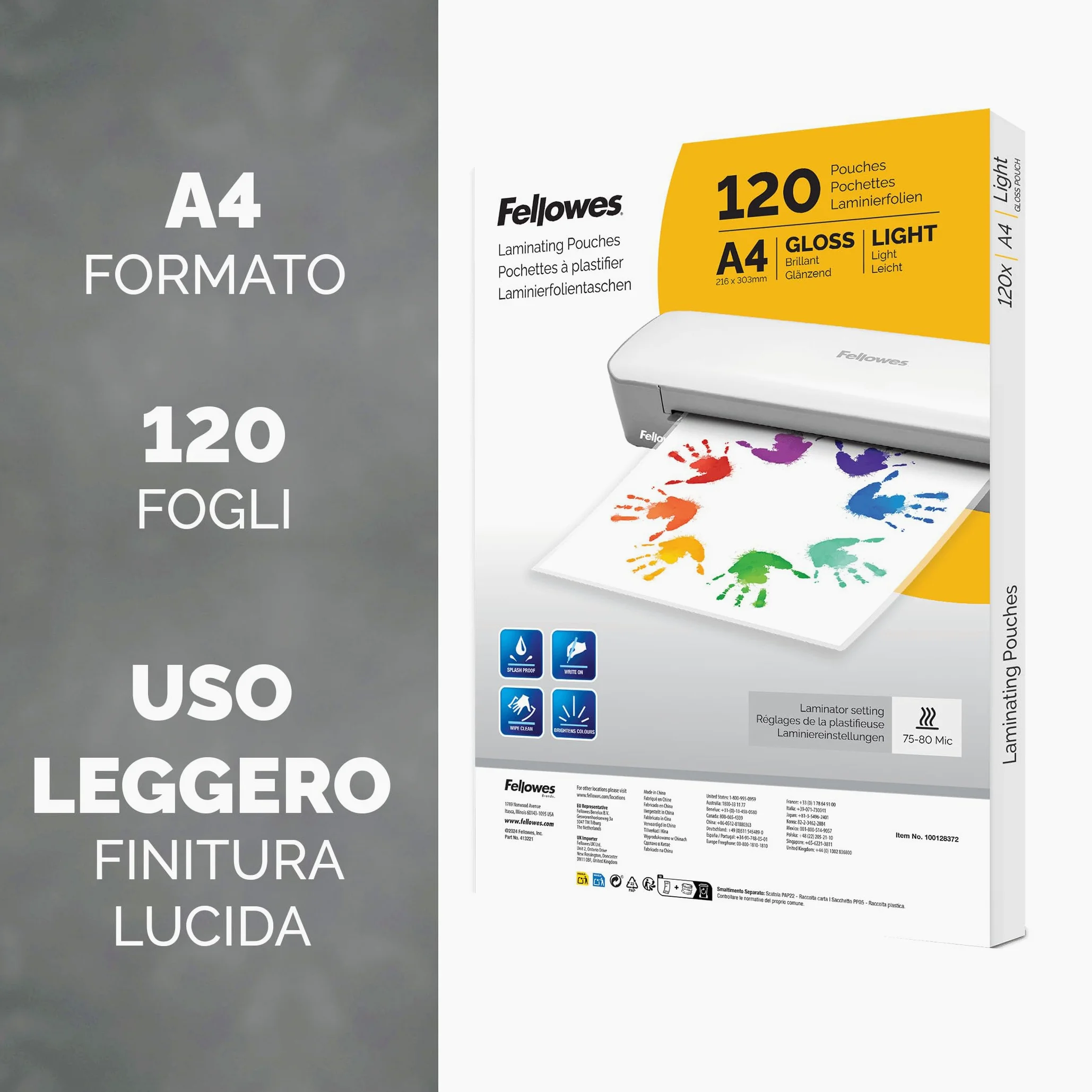 Fellowes plastificatrice Sola, formato A4, fino a 125 micron, uso domestico, con leva di sblocco e modalità riposo, [ESCLUSIVA AMAZON] + Pouches A4 per plastificazione, Finitura lucida, 120 fogli