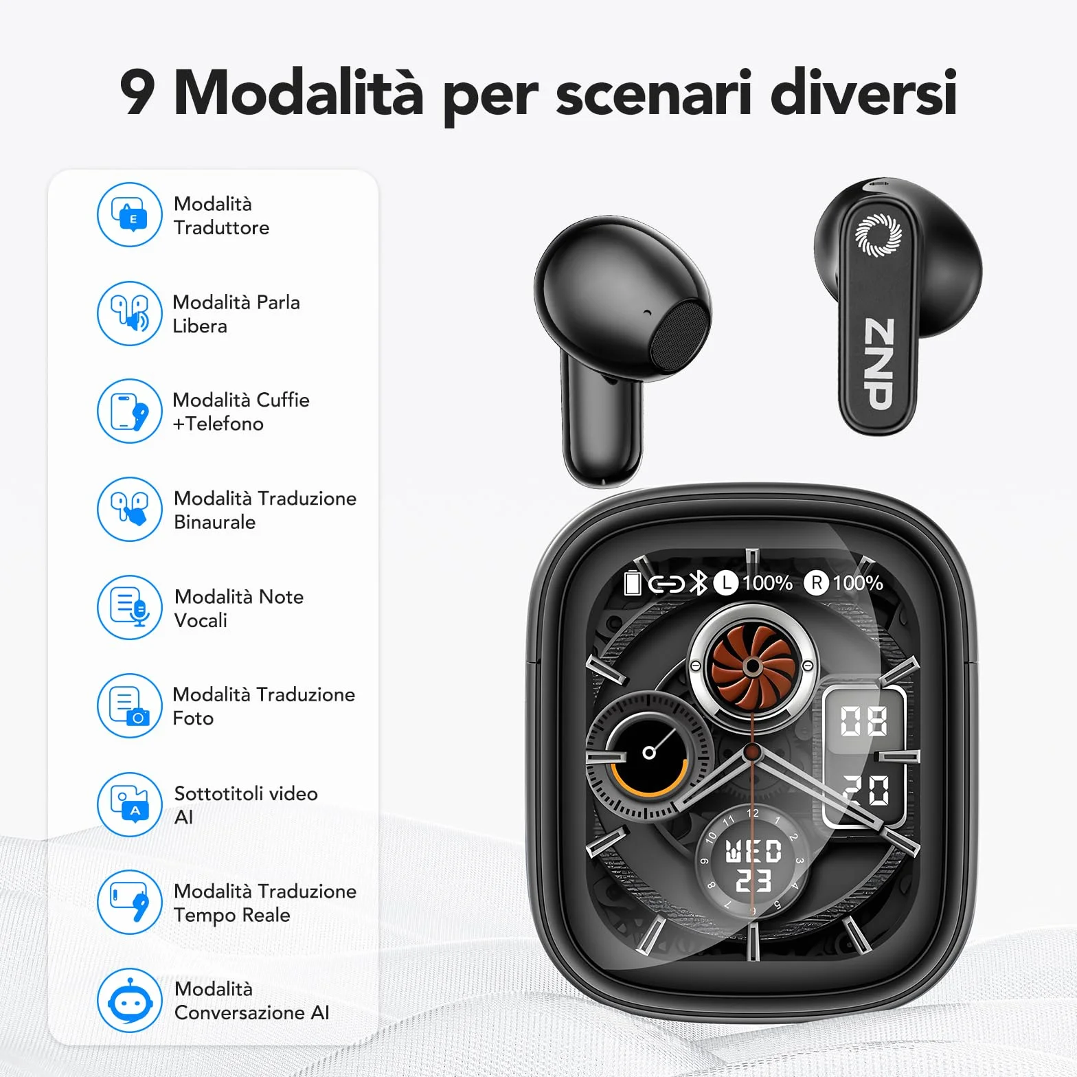N02 Auricolari Traduttore AI 4 in 1, Cuffie con Traduzione Simultanea in Tempo Reale, 165 Lingue e 9 Modalità di Traduzione, Assistente AI, Display LCD Touch, Bluetooth 6.0 per Viaggi, Lavoro e Studio