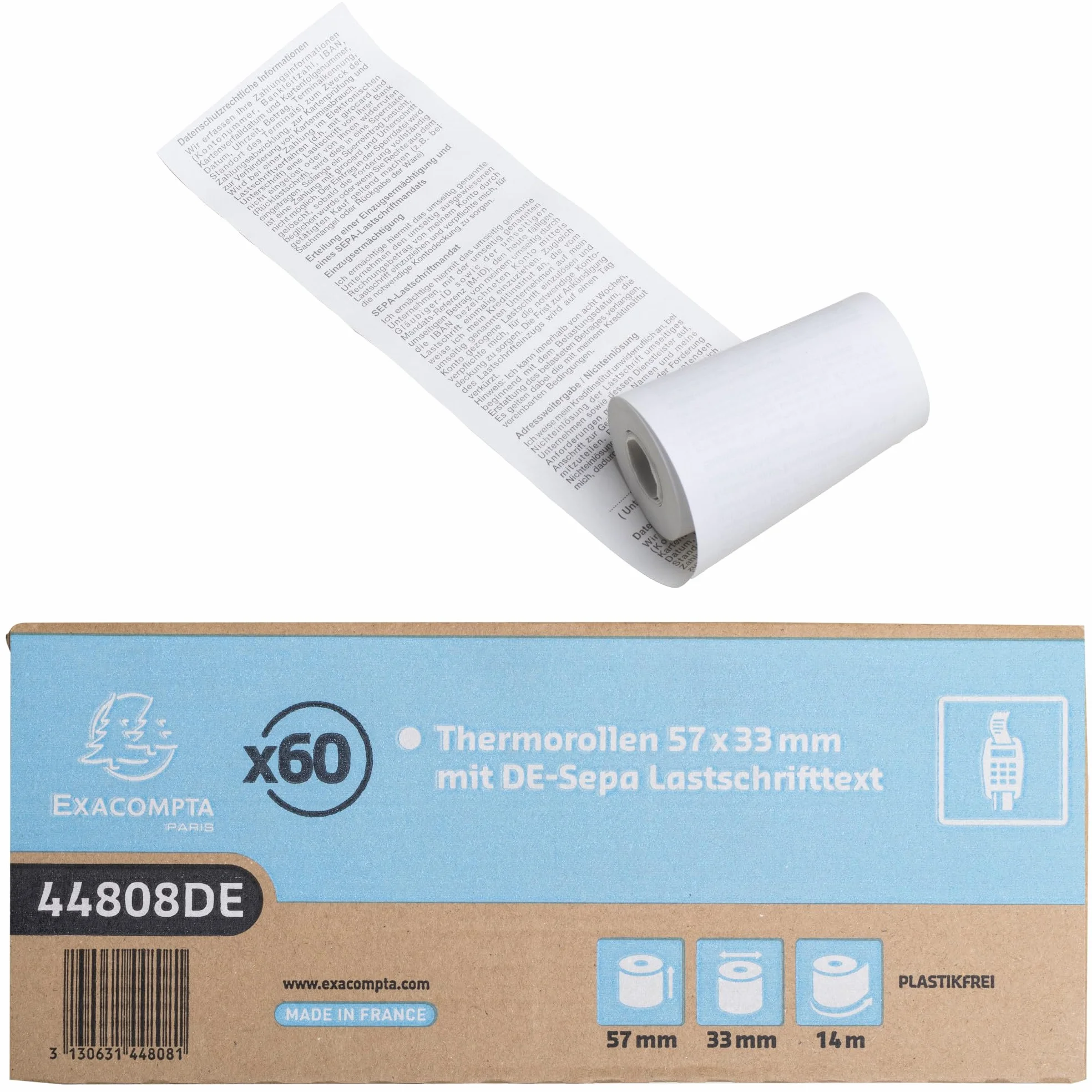 Exacompta 44808DE - Confezione da 60 rotoli di carta termica senza plastica, 1 strato, larghezza: 57 mm, lunghezza: 14 m, diametro: 12 mm, 48 g/m², stampa sul retro per carta SEPA