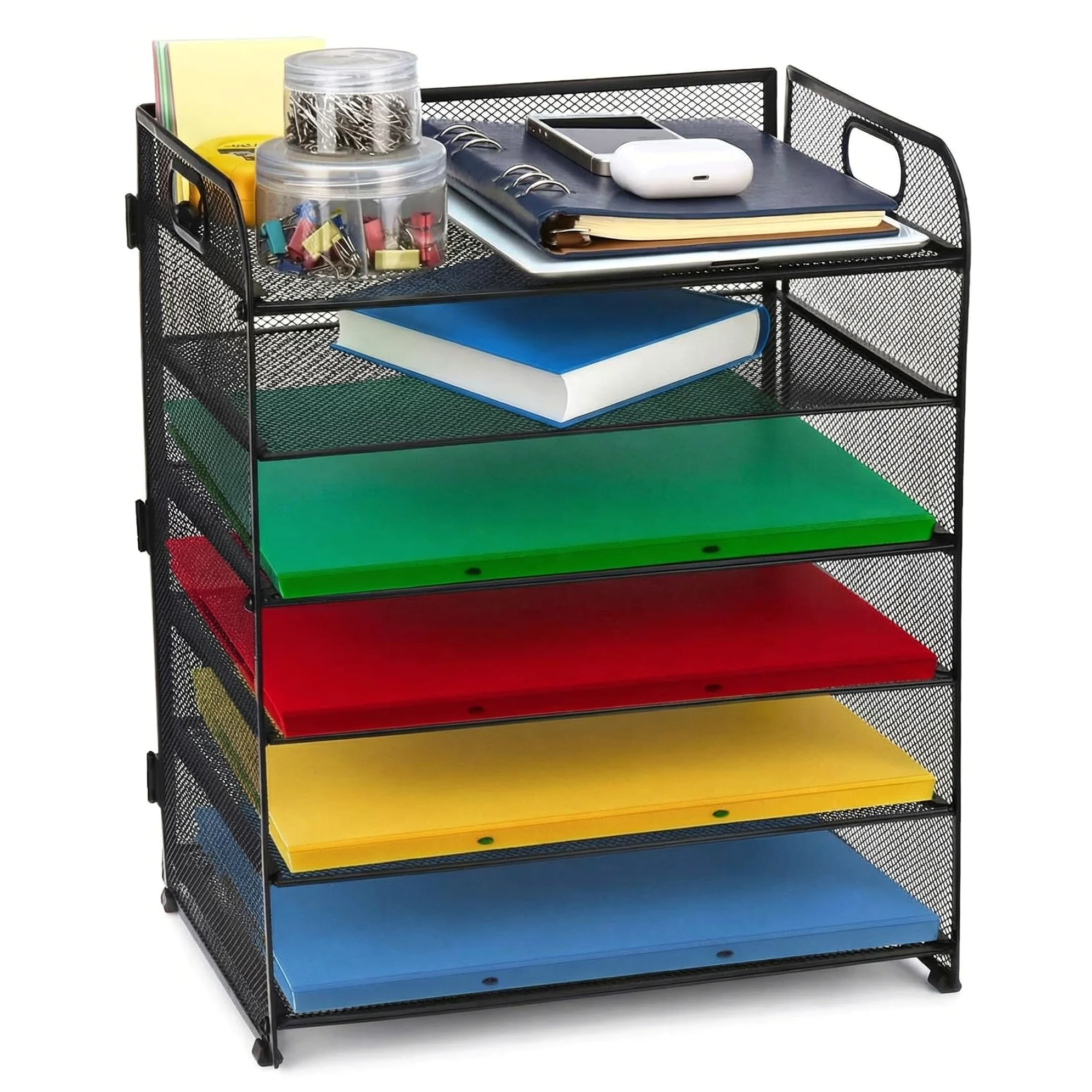 QWORK® 6 livelli organizzatore scrivania, portadocumenti in rete metallica nera, portadocumenti da scrivania salvaspazio