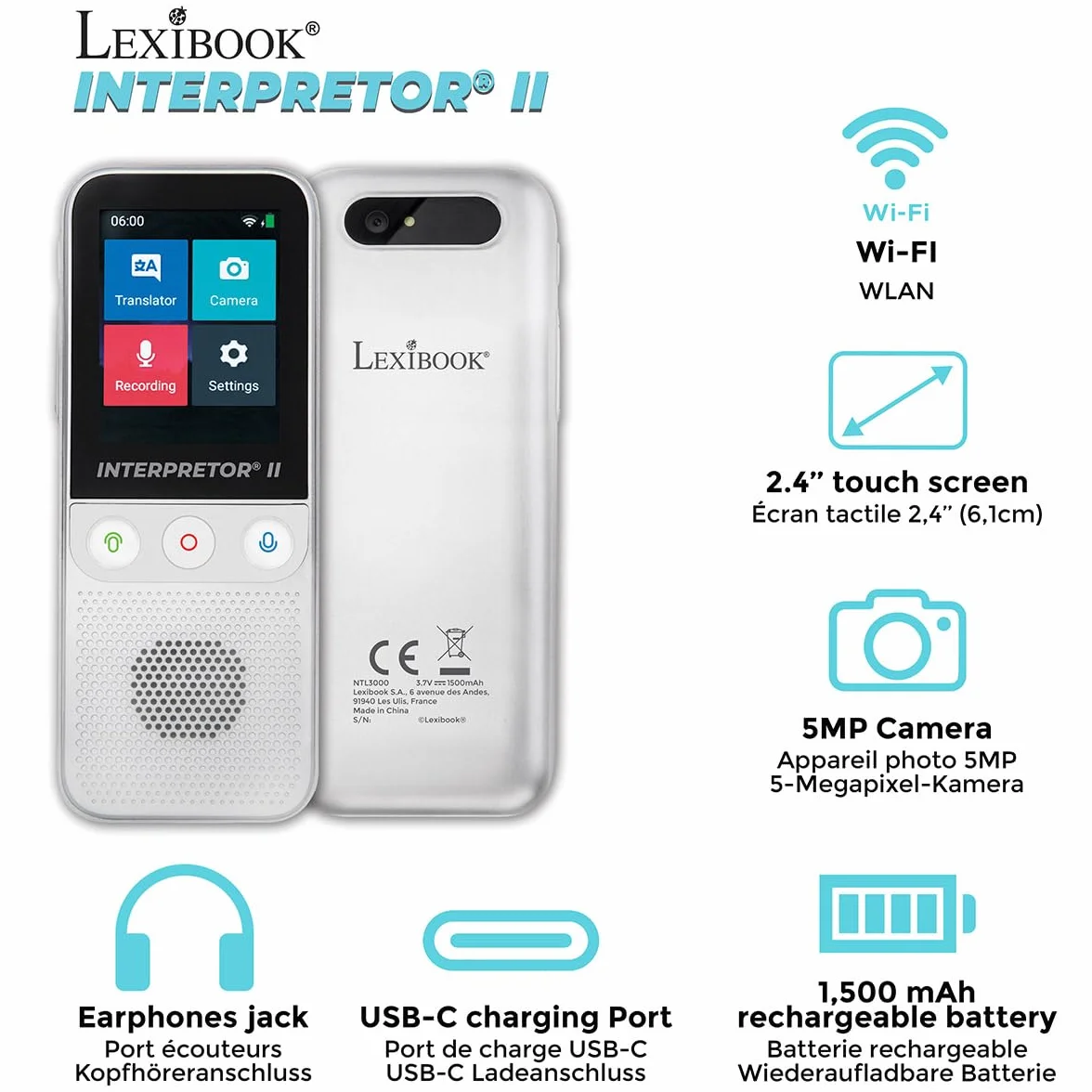 Lexibook, Interpretor 3, Traduttore vocale istantaneo, 137 Lingue, traduzione di Foto e memo, traduttore multilingue Portatile e da Viaggio, Presa per Cuffie, Wi-Fi e Offline, NTL3000