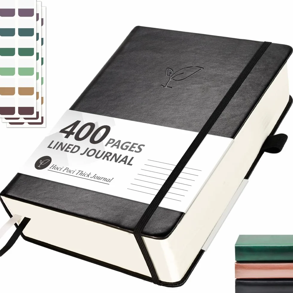 Hoci Poci Taccuino a righe, 400 pagine spesse per scrittura, formato A5, copertina rigida in pelle, con carta a righe da 100 g/m², per donne e uomini, per prendere appunti, 14,7 x 21,3 cm, nero