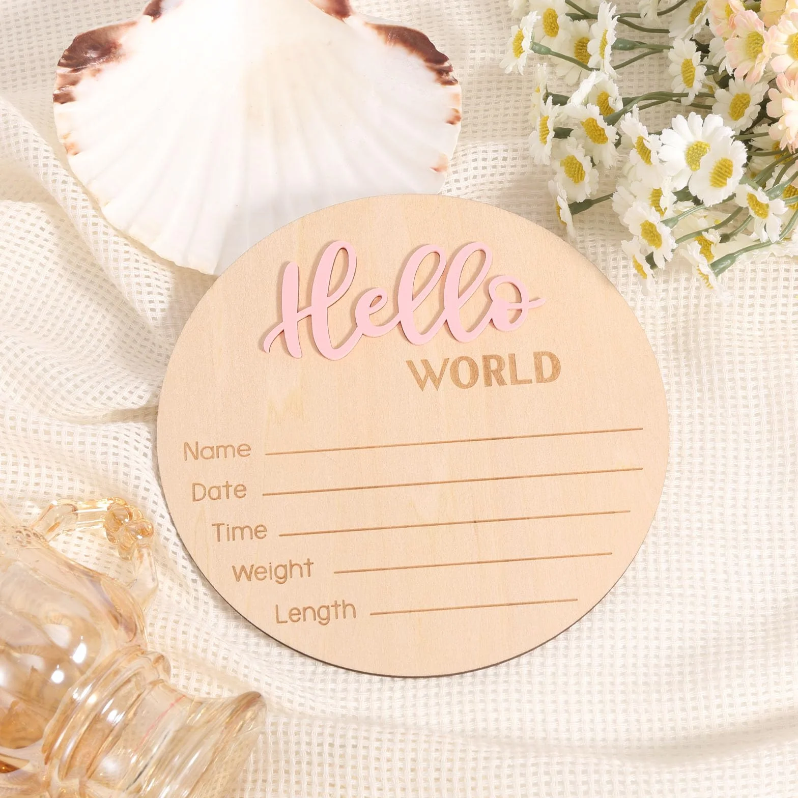 Cartello di Annuncio del Neonato in Legno 15 cm con Scritta Hello World Rosa Chiaro per Baby Shower