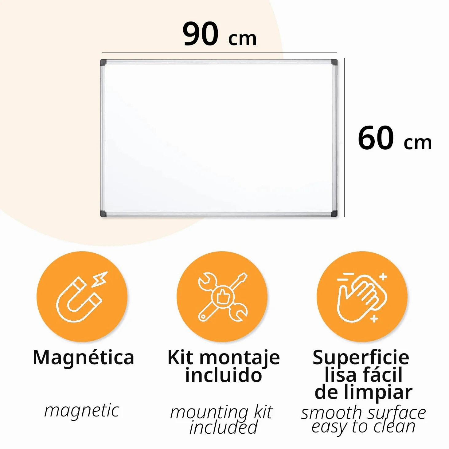 OFITURIA® Lavagna Magnetica Bianca Laccata con Cornice in Alluminio Resistente Facile da Cancellare a Secco, Misura 90x60cm