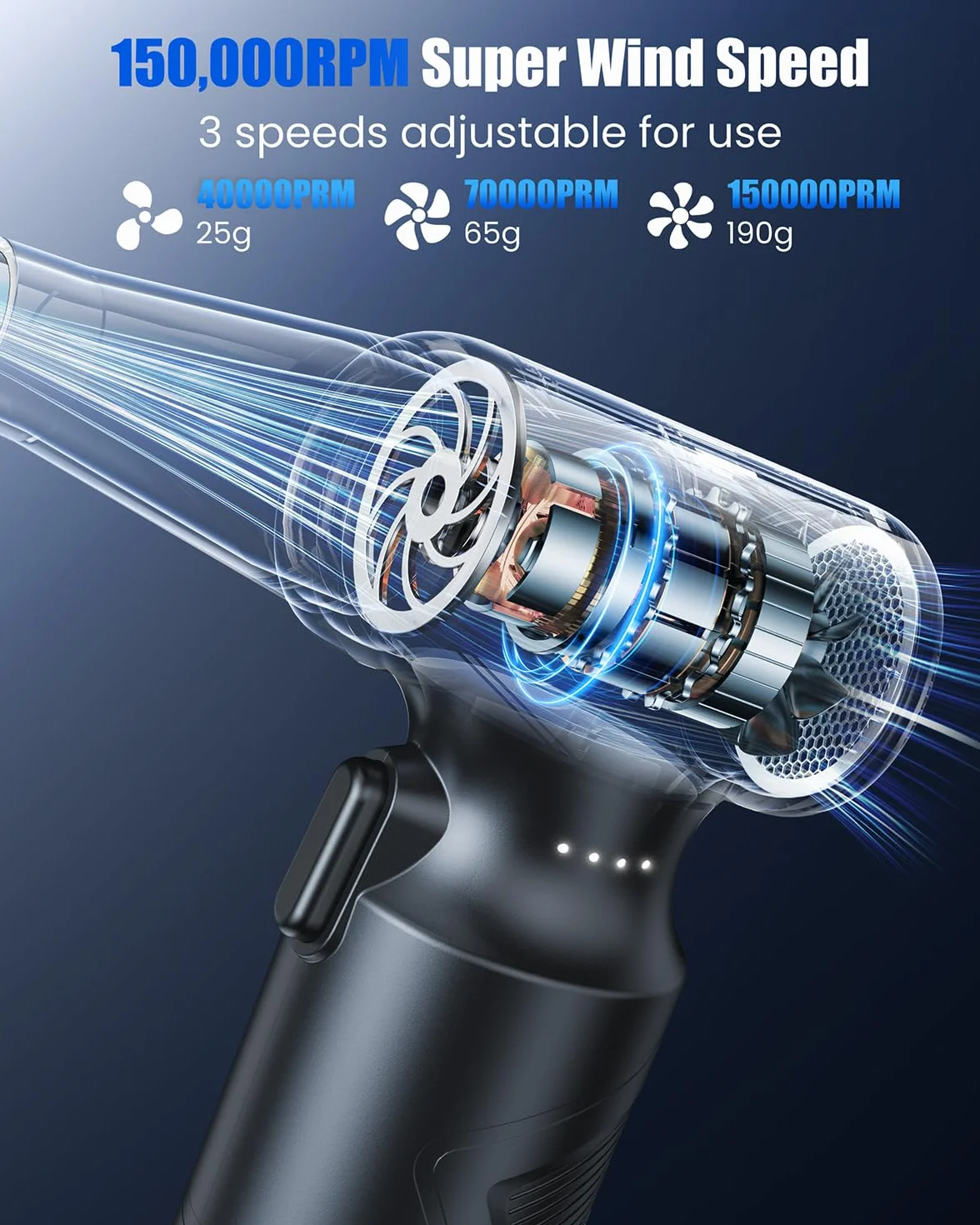 Aria Compressa Elettrico,150.000 RPM Compressore Aria Portatilea,6000 mAh Mini Soffiatore a Batteria,3 Velocità Compressore Aria Portatilea,Soffiatore Aria Compressa per PC,Tastiera,Casa,Divano,Auto