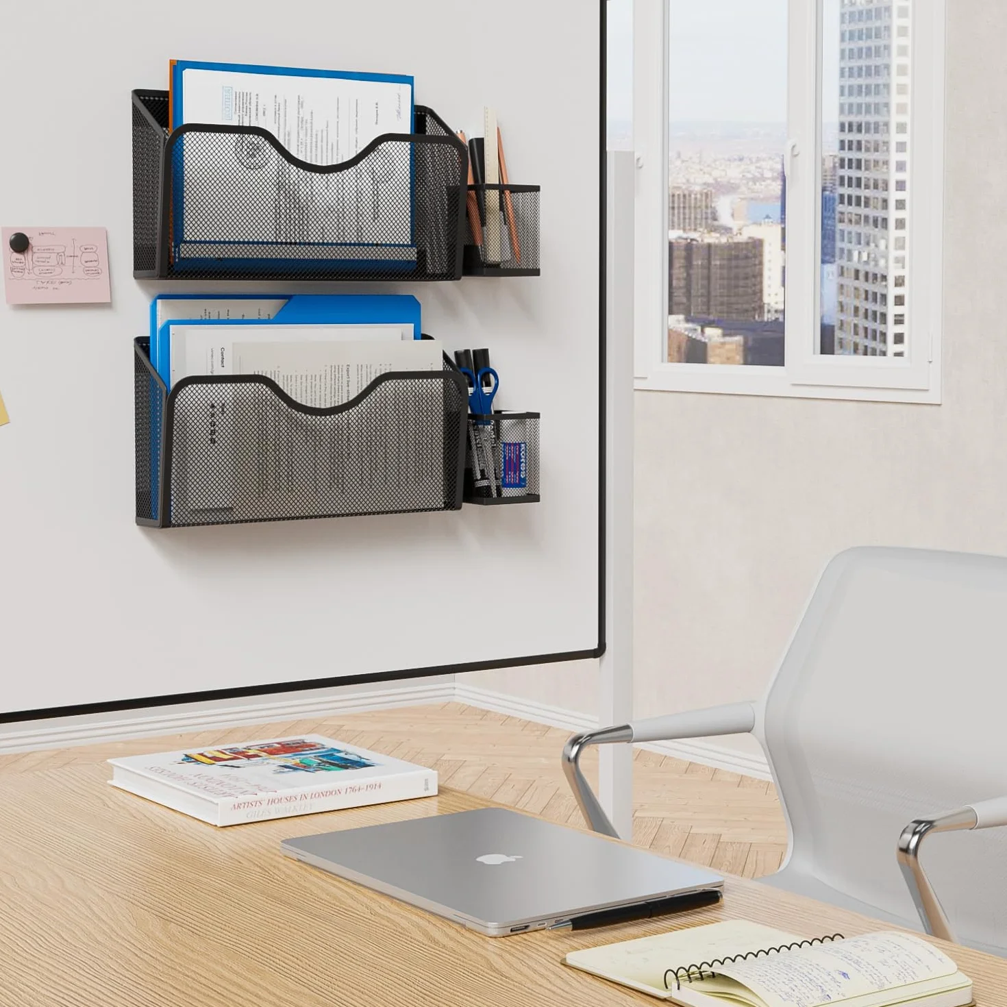 JANE EYRE Portadocumenti magnetico – 2 organizer da appendere, per riviste, documenti, carta, con 2 portapenne, per aule, armadi, ufficio, senza fori, nero