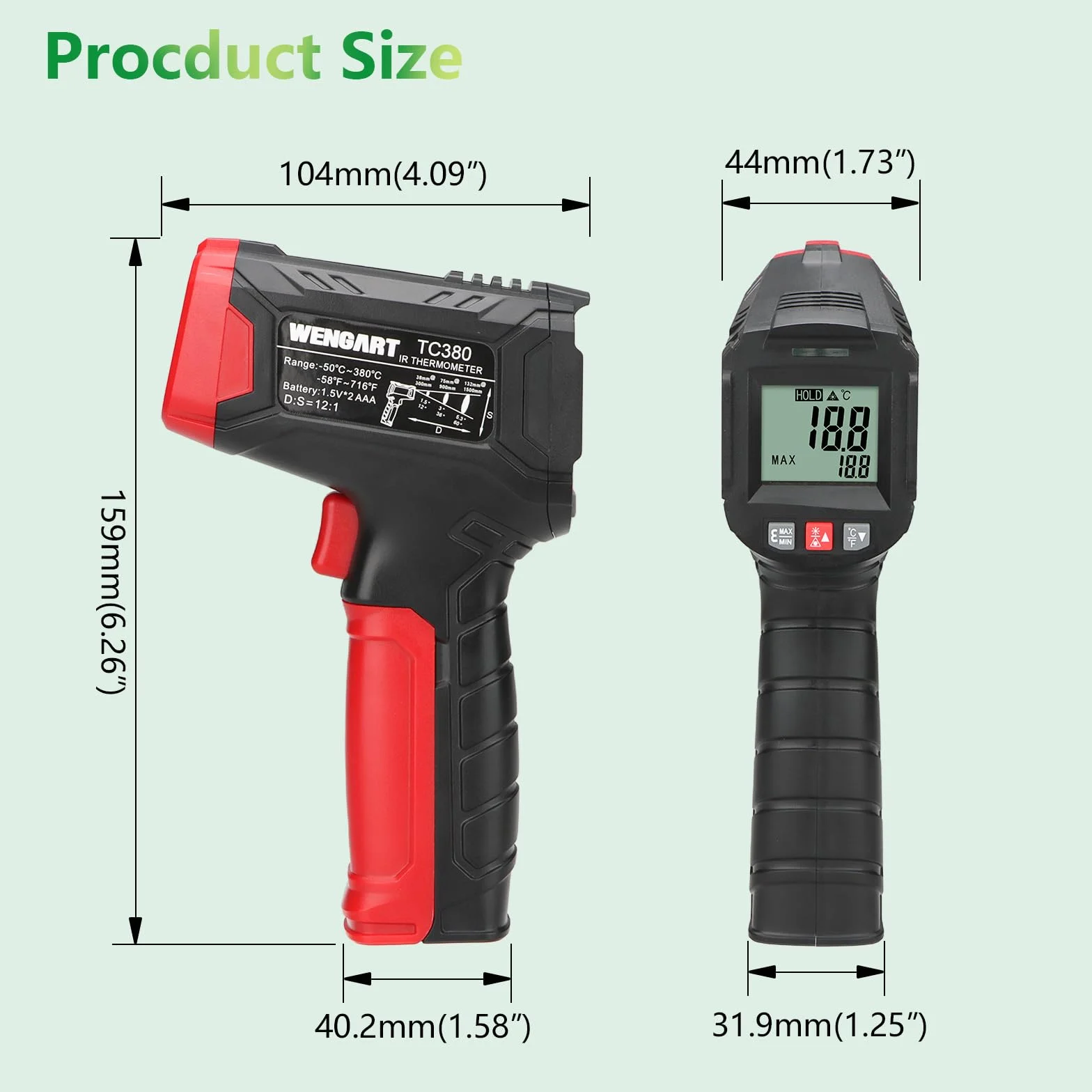 Wengart Termometro a infrarossi WG380 -30°C a 380°C laser portatile senza contatto