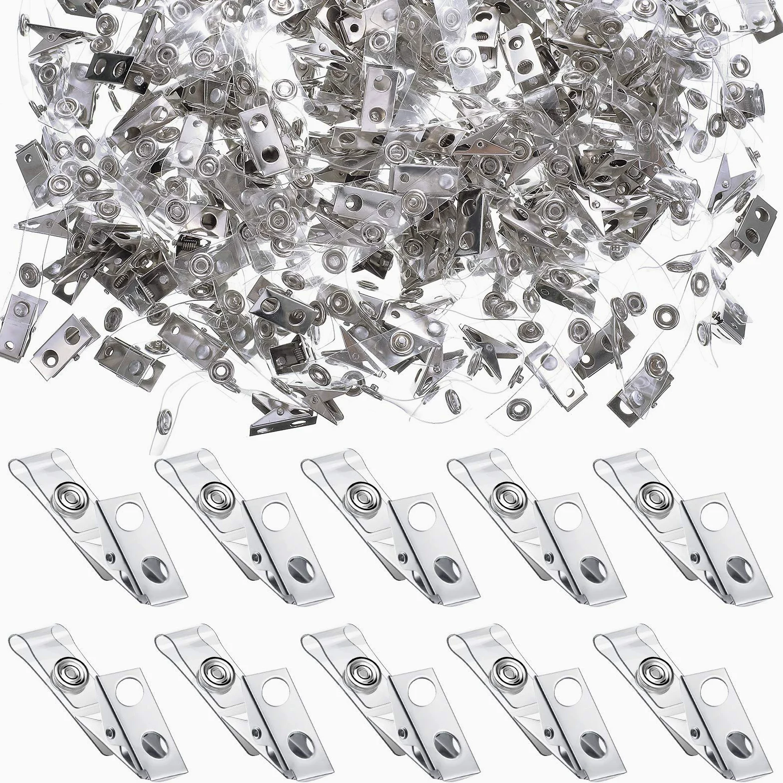 Clip per badge in metallo a doppio foro con cinghie in PVC trasparente per carte d'identità, porta badge, targhette, badge da lavoro, 300 pezzi