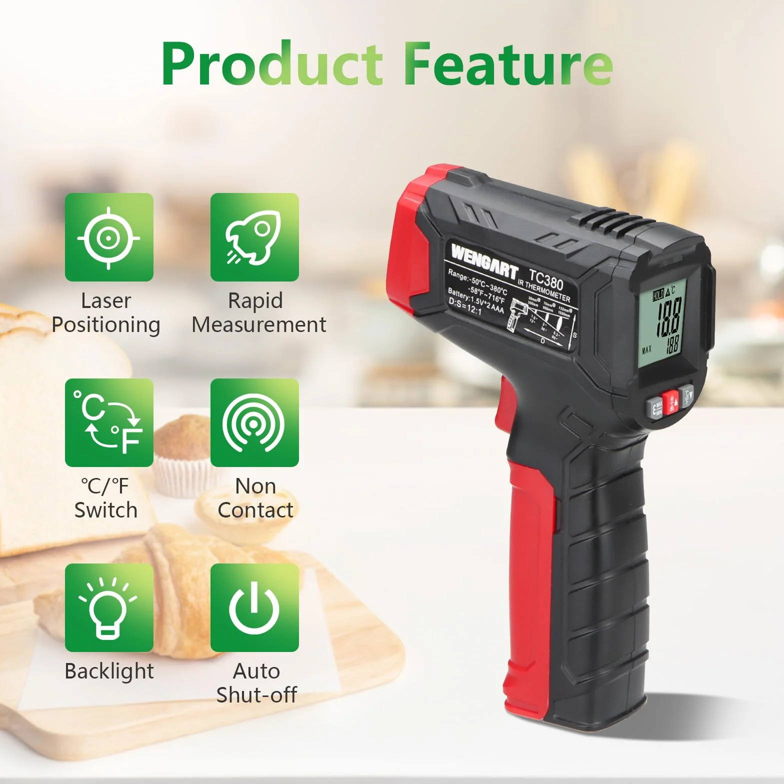 Wengart Termometro a infrarossi WG380 -30°C a 380°C laser portatile senza contatto