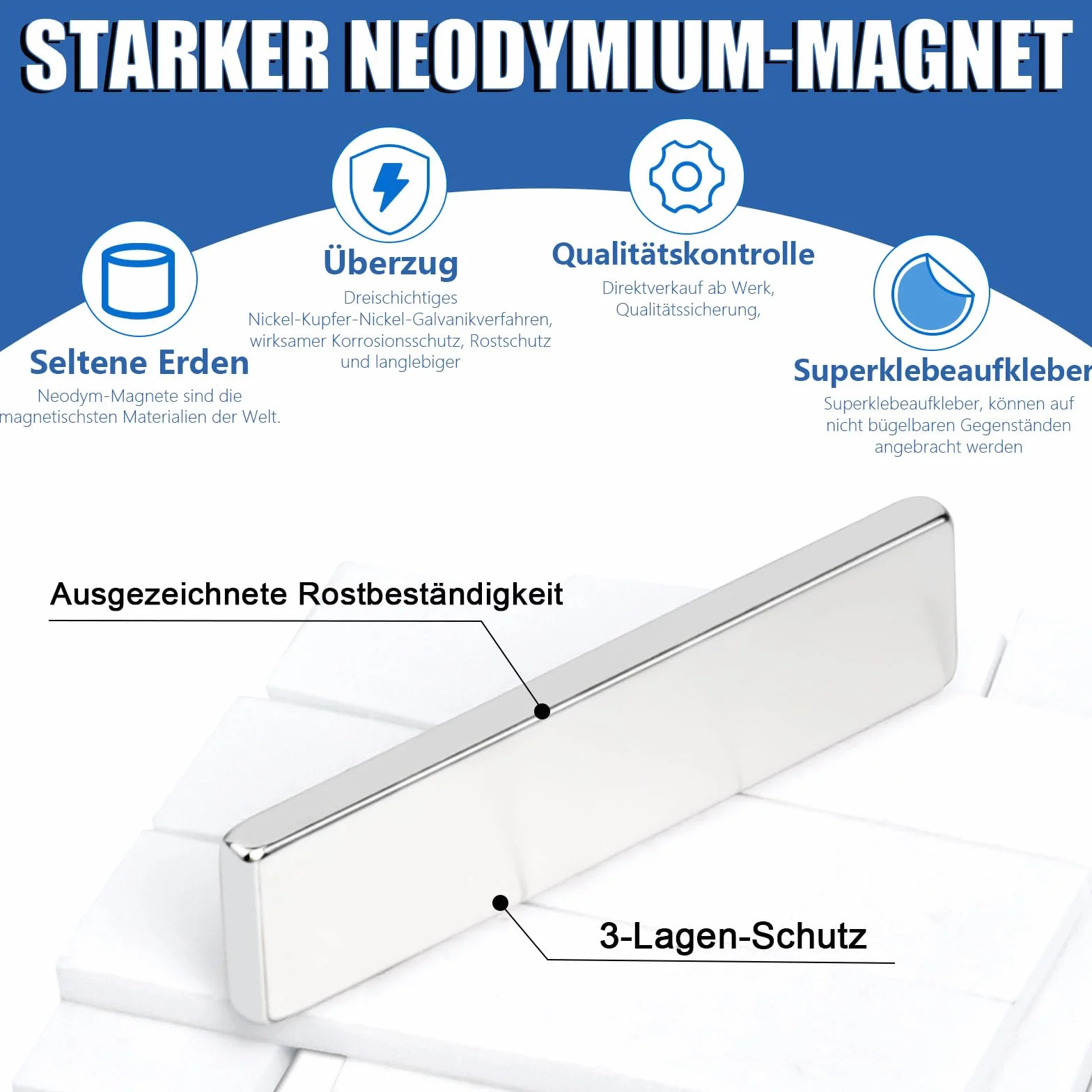 20 Pz Magneti al Neodimio Extra Forti 50 x 10 x 3 mm, Calamite Potenti Potente Magnete Adesivi, Magneti a Barra Potenti, Rettangolari Magneti per Lavagna Magnetica,Frigoriferi,Cucina