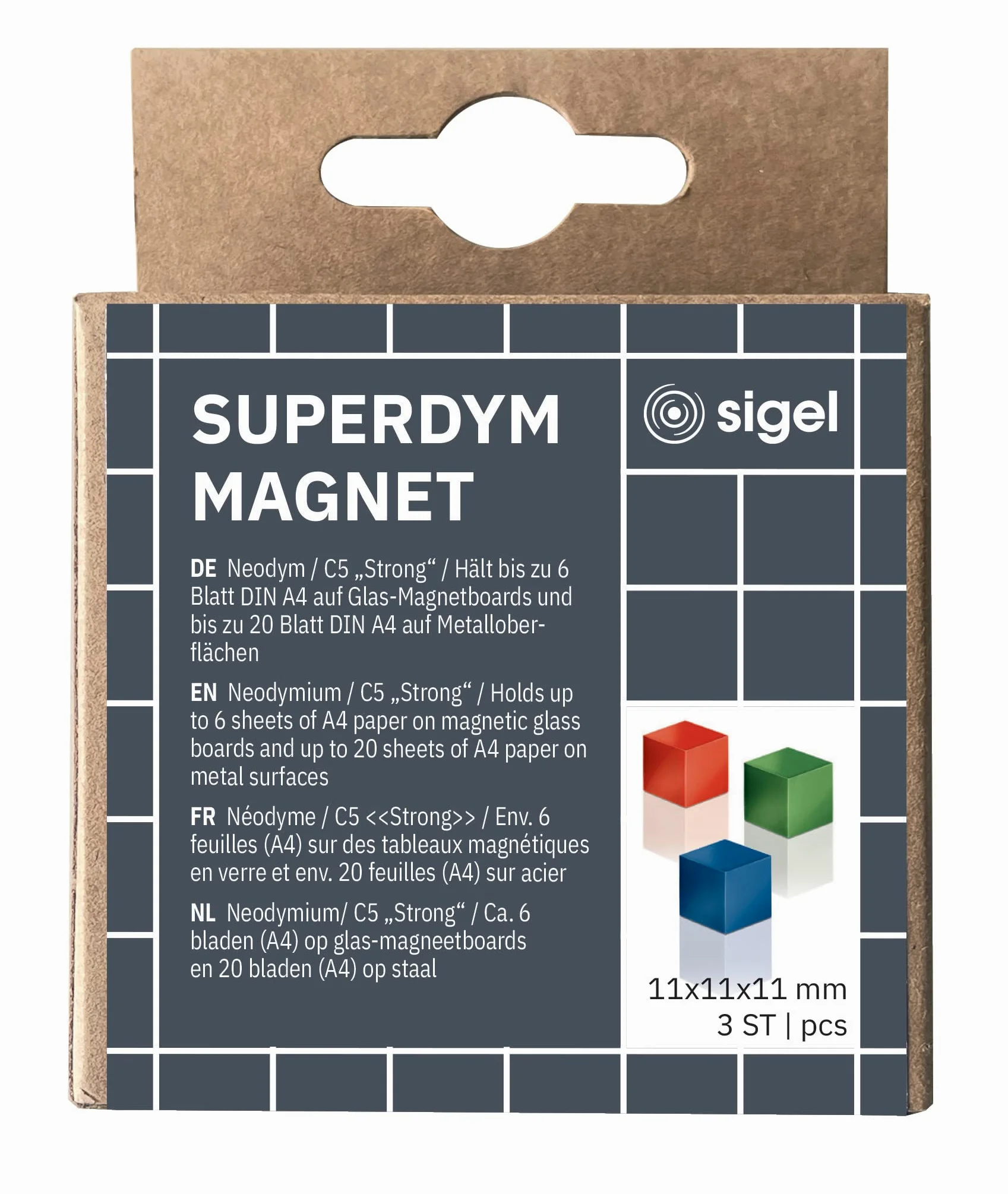 SIGEL Magneti SuperDym 1,10 x 1,10 cm | BA725, confezione da 3, cubici, neodimio N42, blu/rosso/verde
