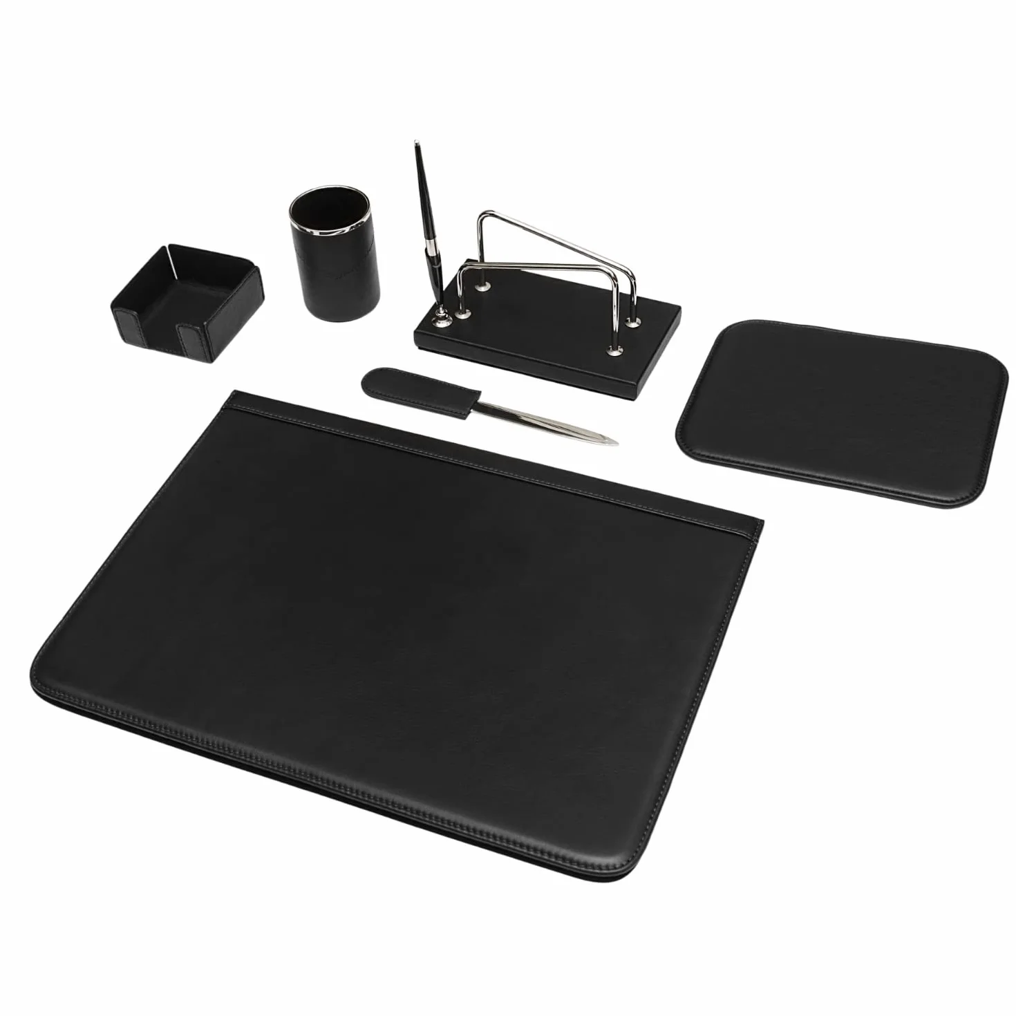 Set da Scrivania 6 Pezzi Pelle Pieno Fiore Fatto a Mano in Italia Nero