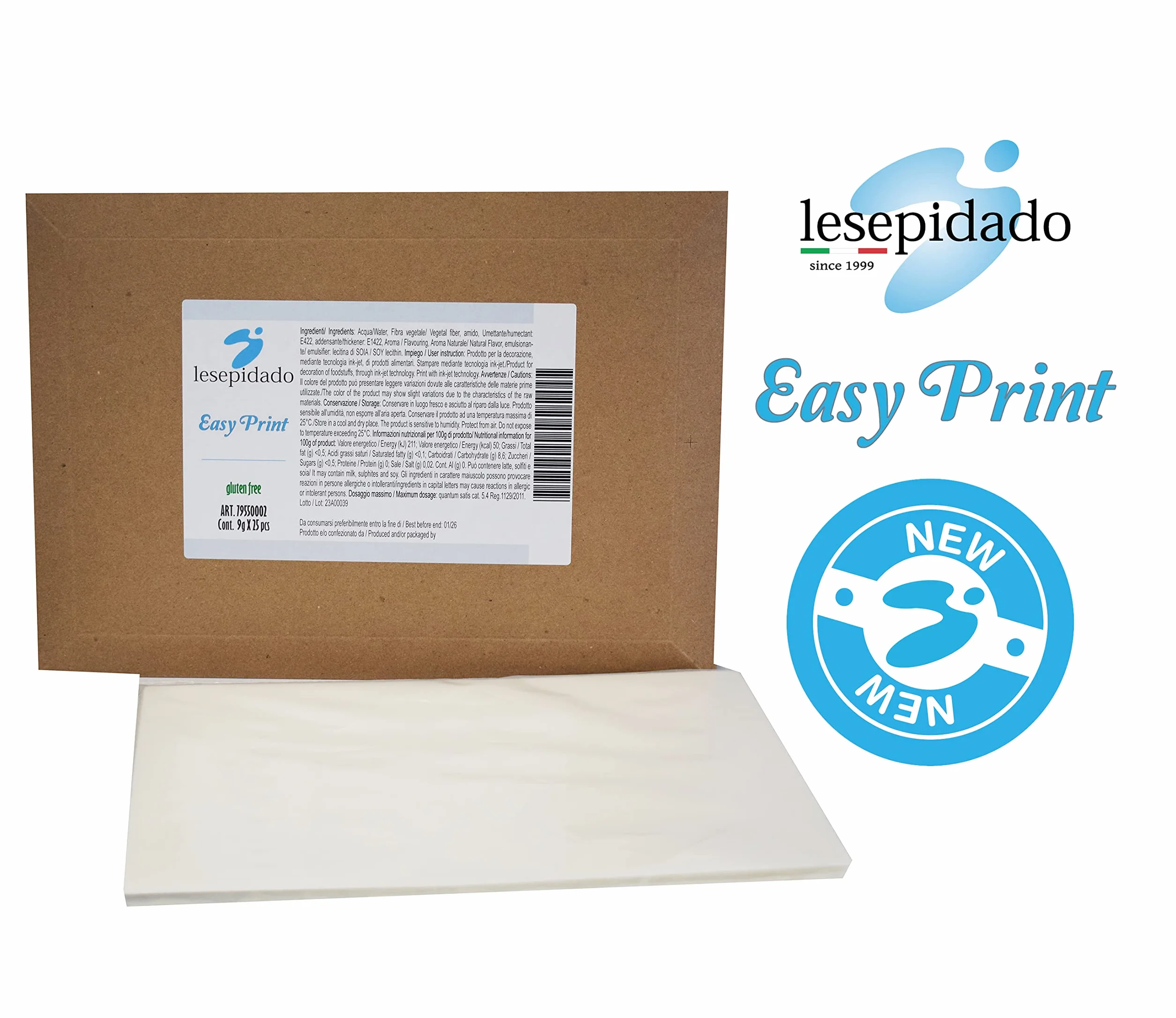 Foglio edibile EASYPRINT Lesepidado 25 fg spess.0,5mm A4 bianchi SENZA zucchero SENZA glutine